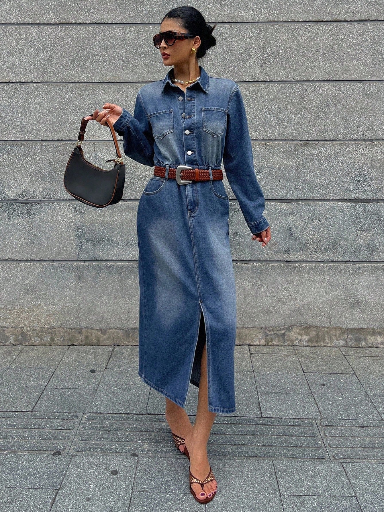CM-DS788846 Women Casual Seoul Style High-Waisted Front Slit Long Straight Washed Denim Dress