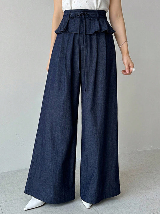 CM-BS688995 Women Casual Seoul Style Dark Wash High Waist Pleated Ruffle Hem Loose Wide Leg Pants