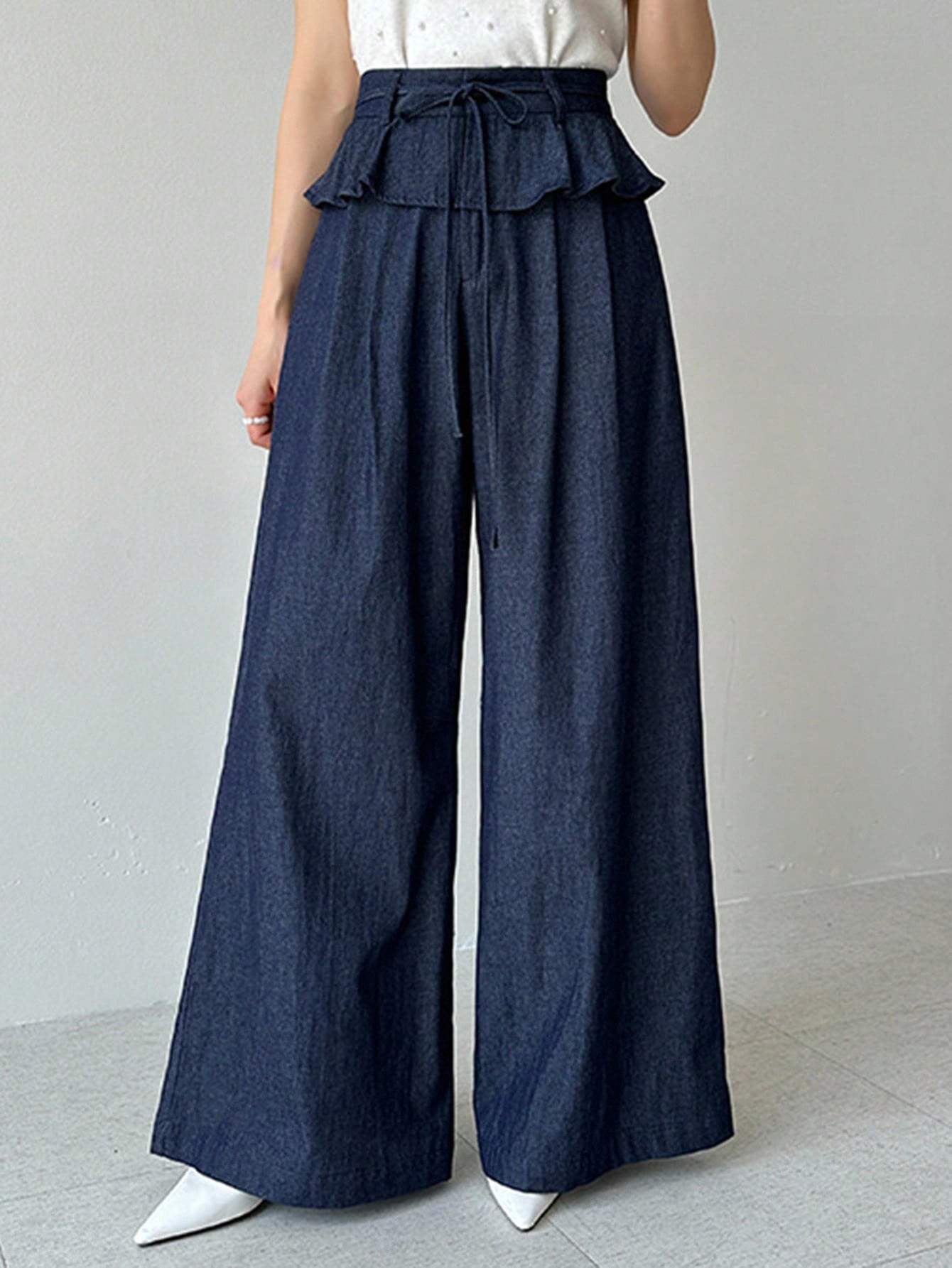 CM-BS688995 Women Casual Seoul Style Dark Wash High Waist Pleated Ruffle Hem Loose Wide Leg Pants