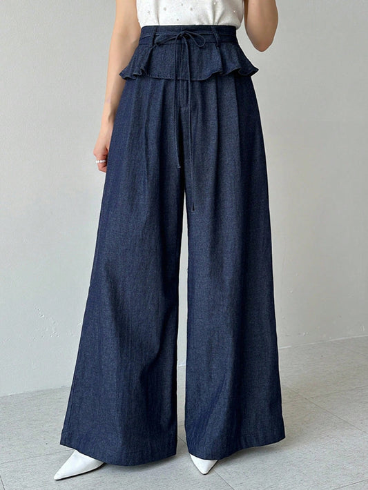 CM-BS688995 Women Casual Seoul Style Dark Wash High Waist Pleated Ruffle Hem Loose Wide Leg Pants