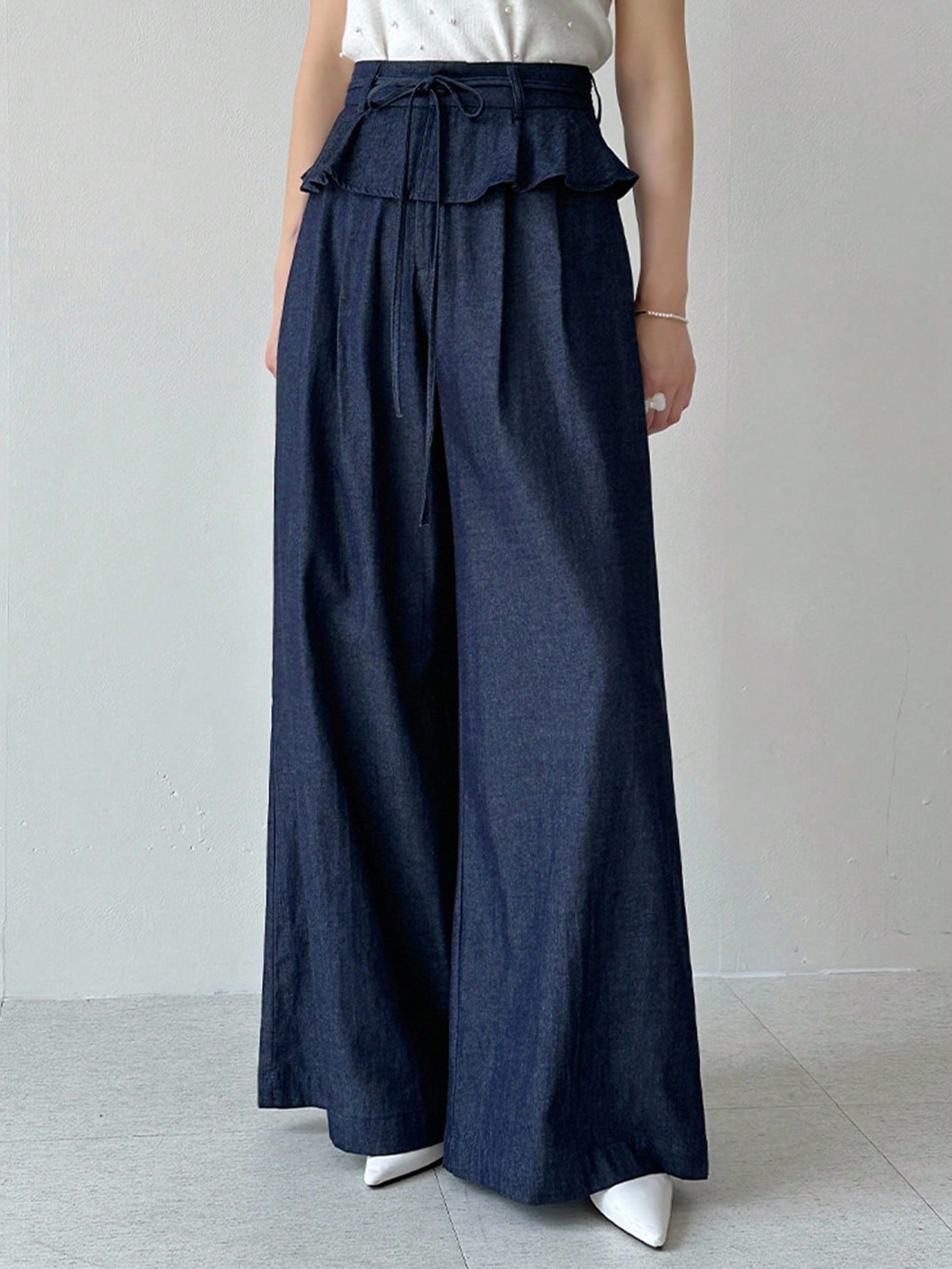 CM-BS688995 Women Casual Seoul Style Dark Wash High Waist Pleated Ruffle Hem Loose Wide Leg Pants