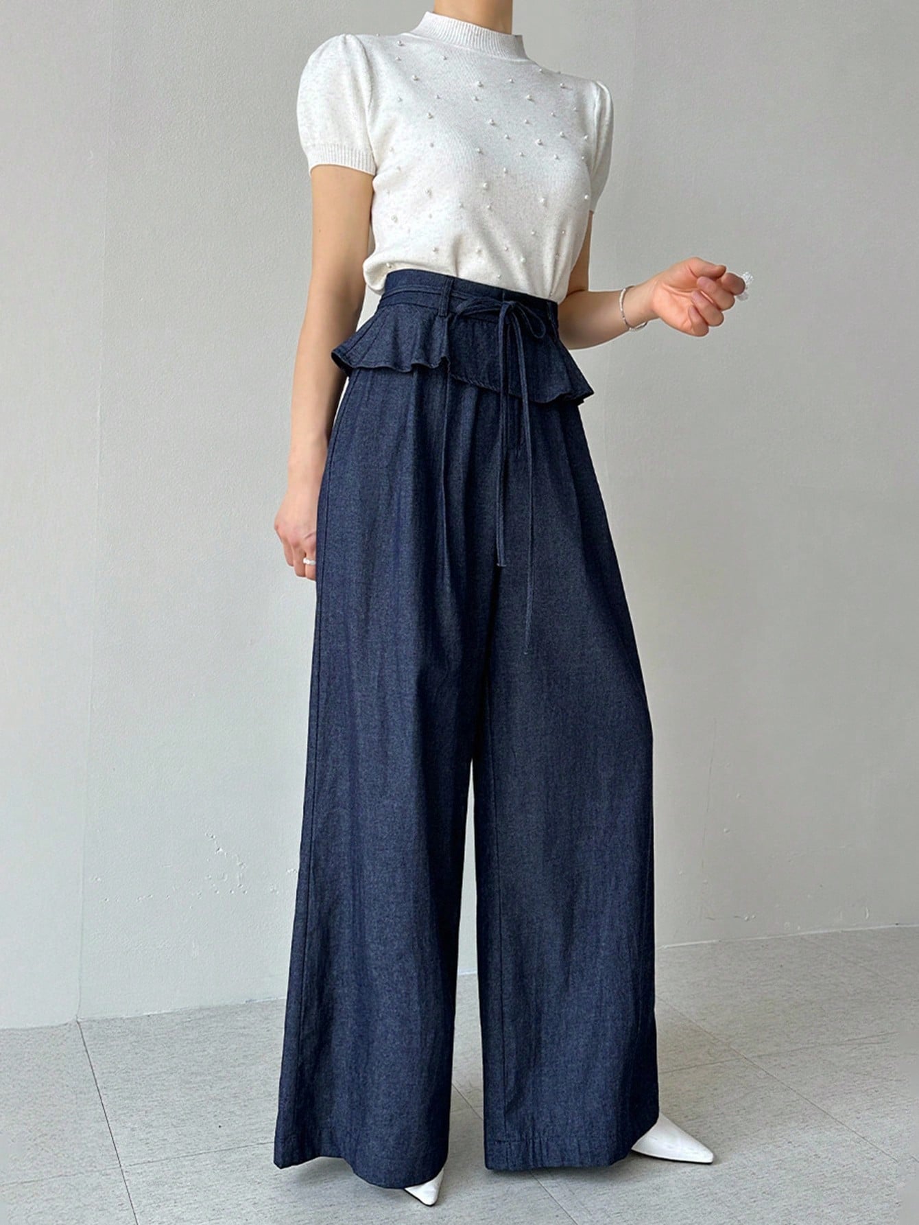 CM-BS688995 Women Casual Seoul Style Dark Wash High Waist Pleated Ruffle Hem Loose Wide Leg Pants