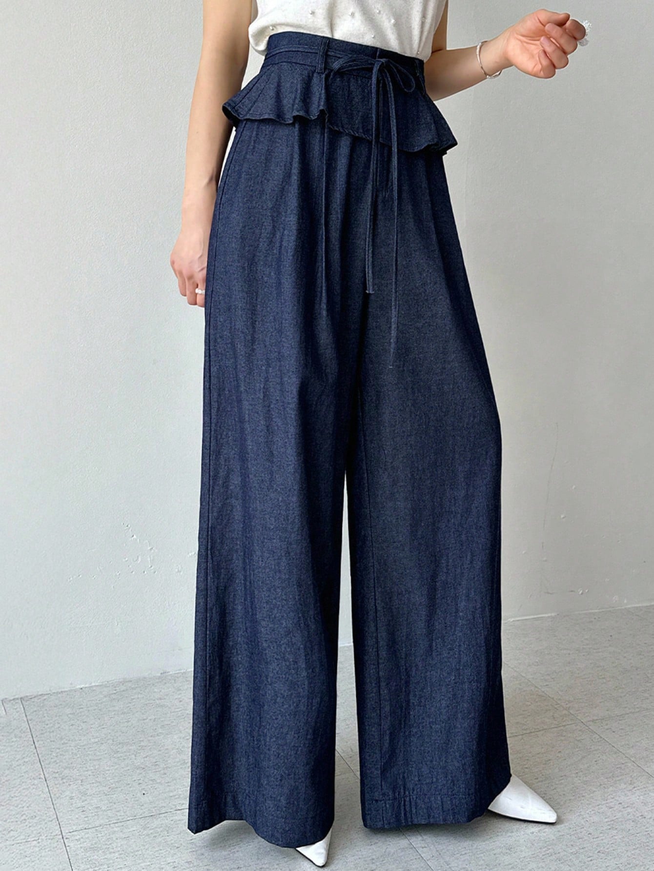 CM-BS688995 Women Casual Seoul Style Dark Wash High Waist Pleated Ruffle Hem Loose Wide Leg Pants