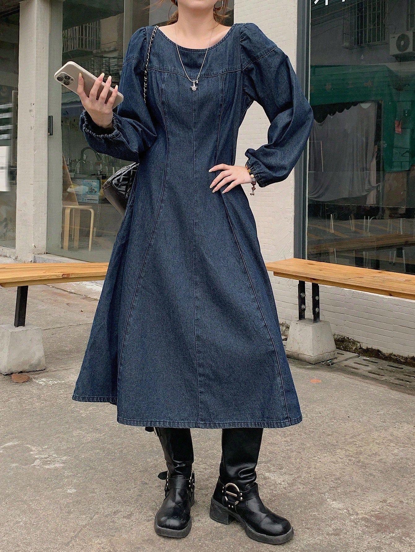 CM-DS652353 Women Casual Seoul Style Solid Color Round Neck Long Sleeve Patchwork Denim Dress - Blue