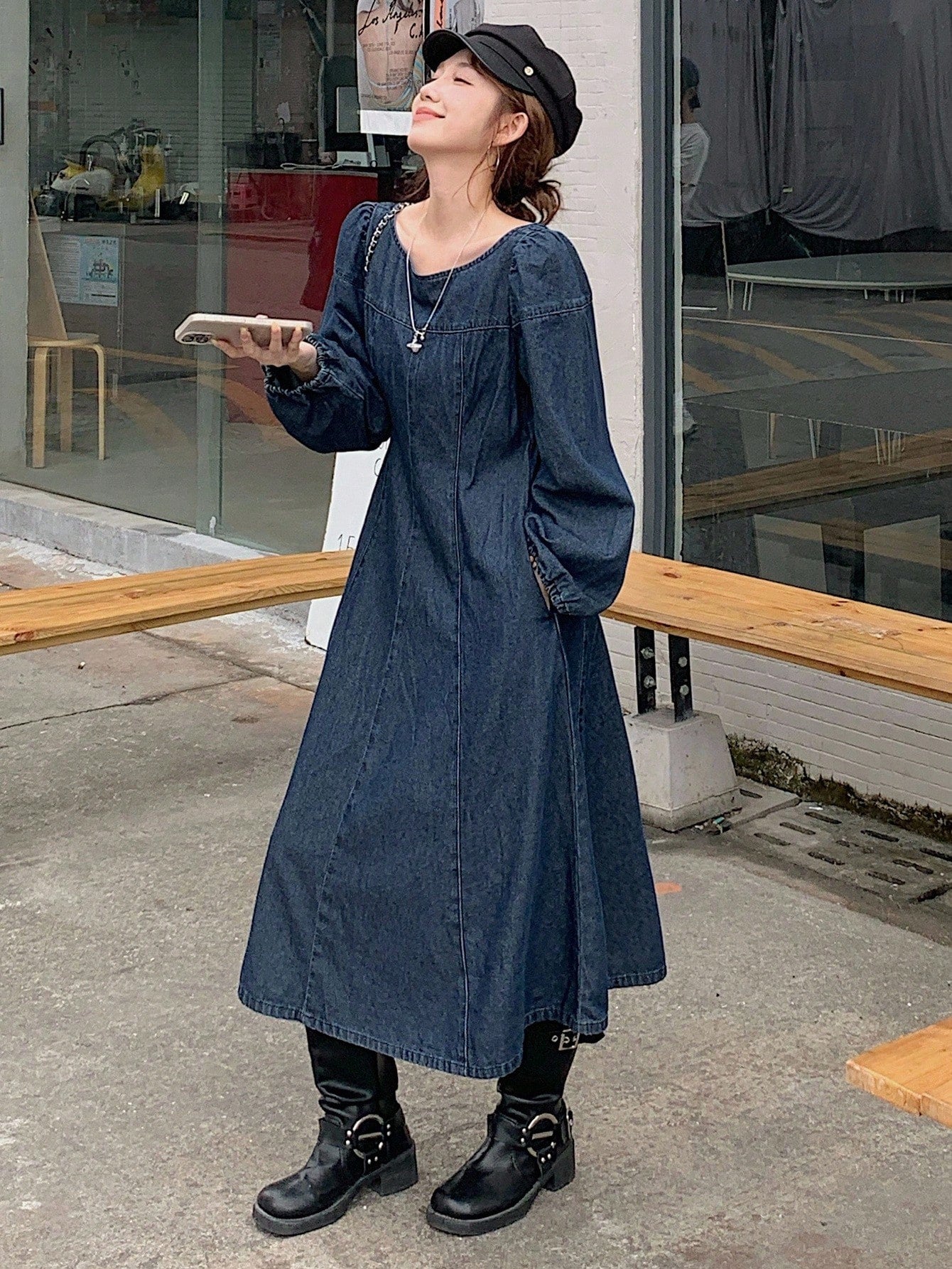 CM-DS652353 Women Casual Seoul Style Solid Color Round Neck Long Sleeve Patchwork Denim Dress - Blue