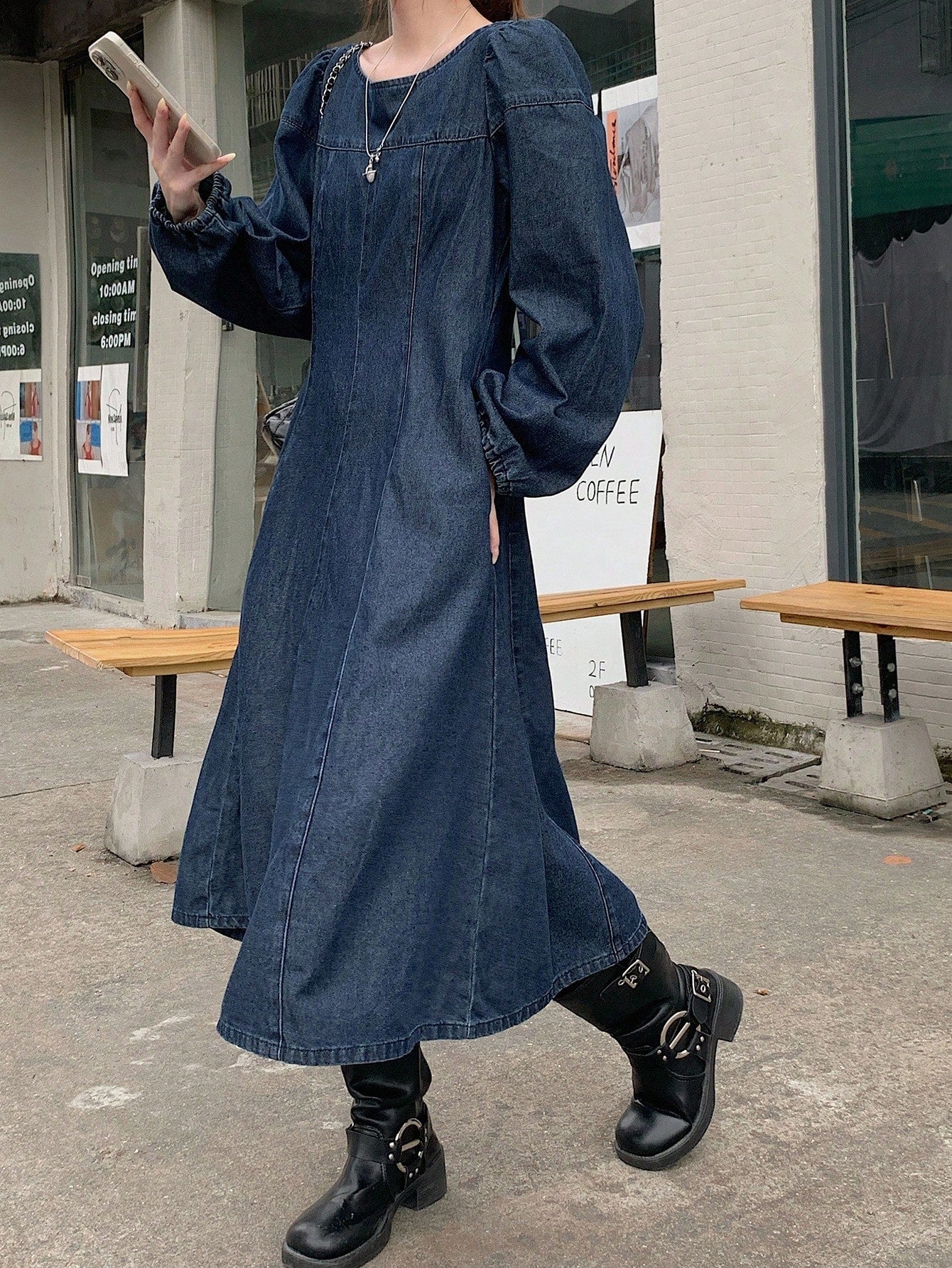CM-DS652353 Women Casual Seoul Style Solid Color Round Neck Long Sleeve Patchwork Denim Dress - Blue