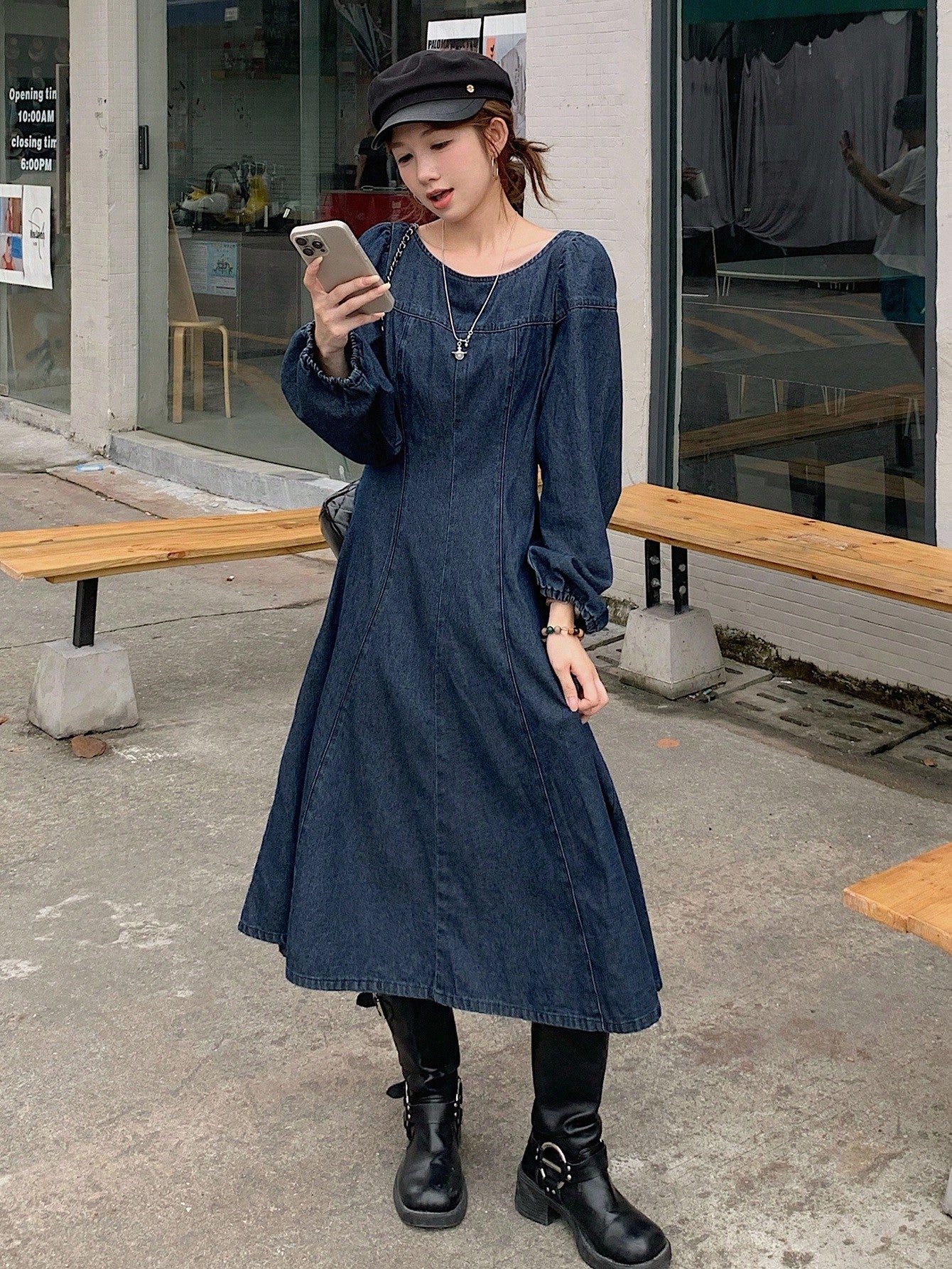 CM-DS652353 Women Casual Seoul Style Solid Color Round Neck Long Sleeve Patchwork Denim Dress - Blue