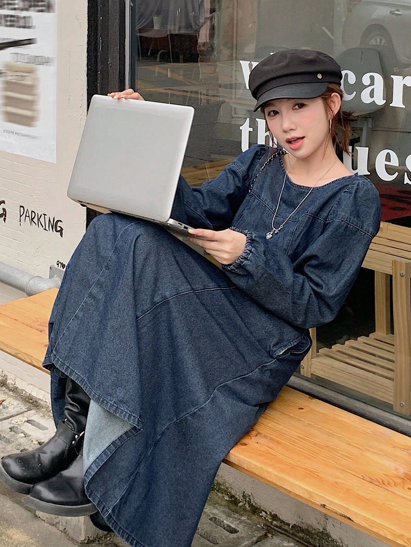 CM-DS652353 Women Casual Seoul Style Solid Color Round Neck Long Sleeve Patchwork Denim Dress - Blue
