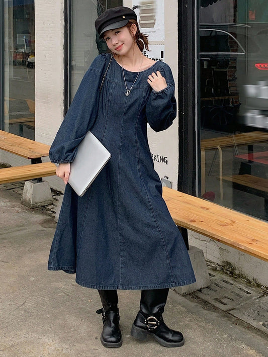 CM-DS652353 Women Casual Seoul Style Solid Color Round Neck Long Sleeve Patchwork Denim Dress - Blue