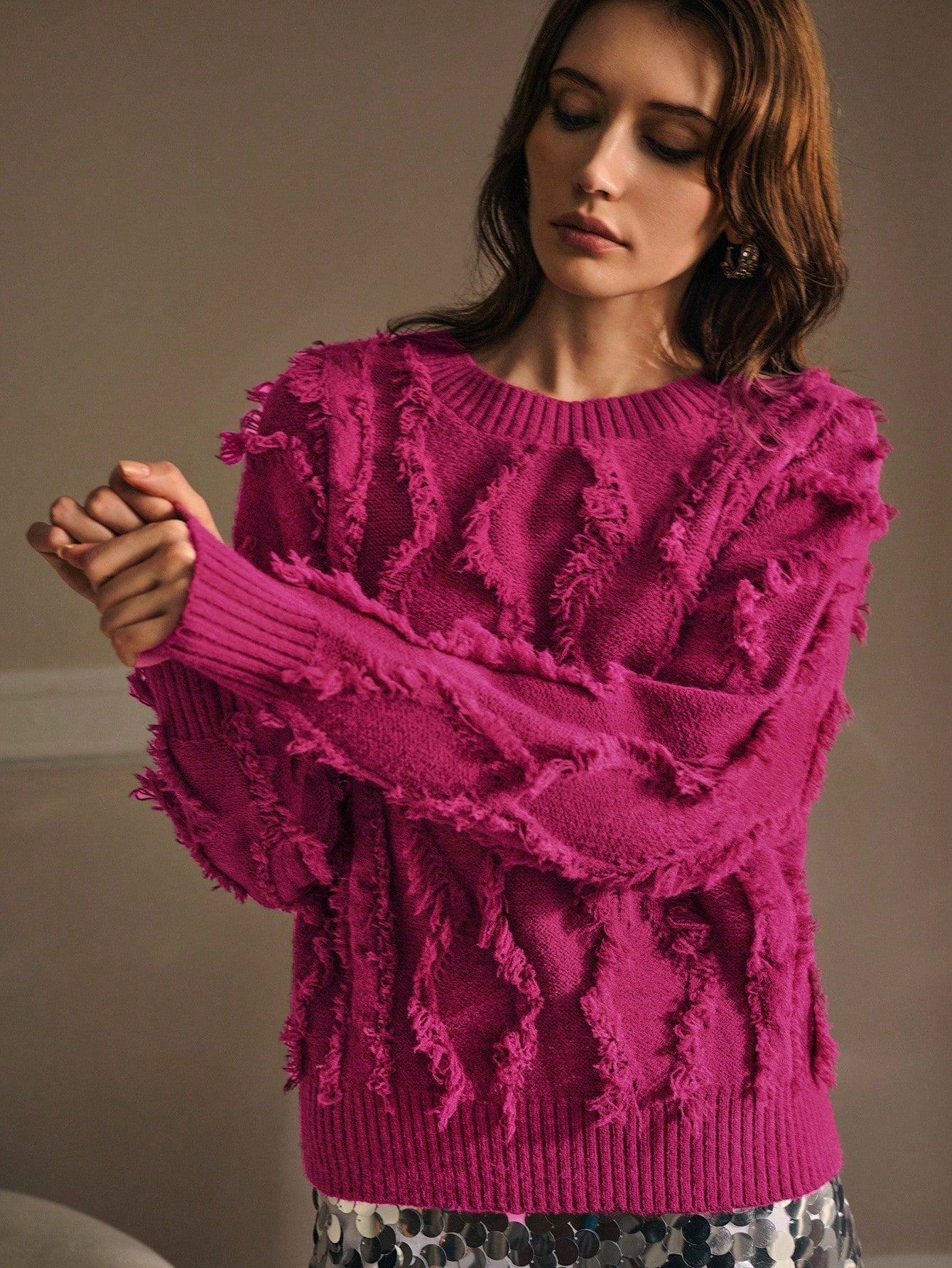 CM-CS740977 Women Elegant Seoul Style Fringe Round Neck Long Sleeve Pullover Sweater- Pink