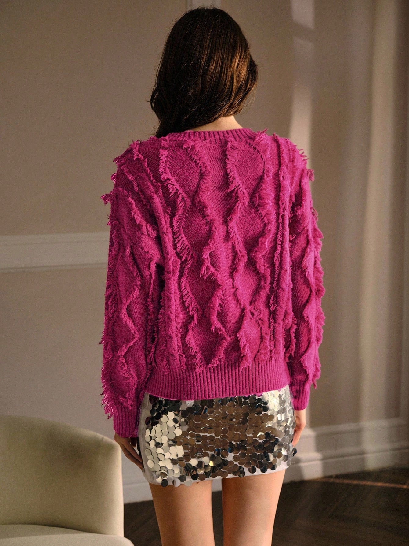 CM-CS740977 Women Elegant Seoul Style Fringe Round Neck Long Sleeve Pullover Sweater- Pink