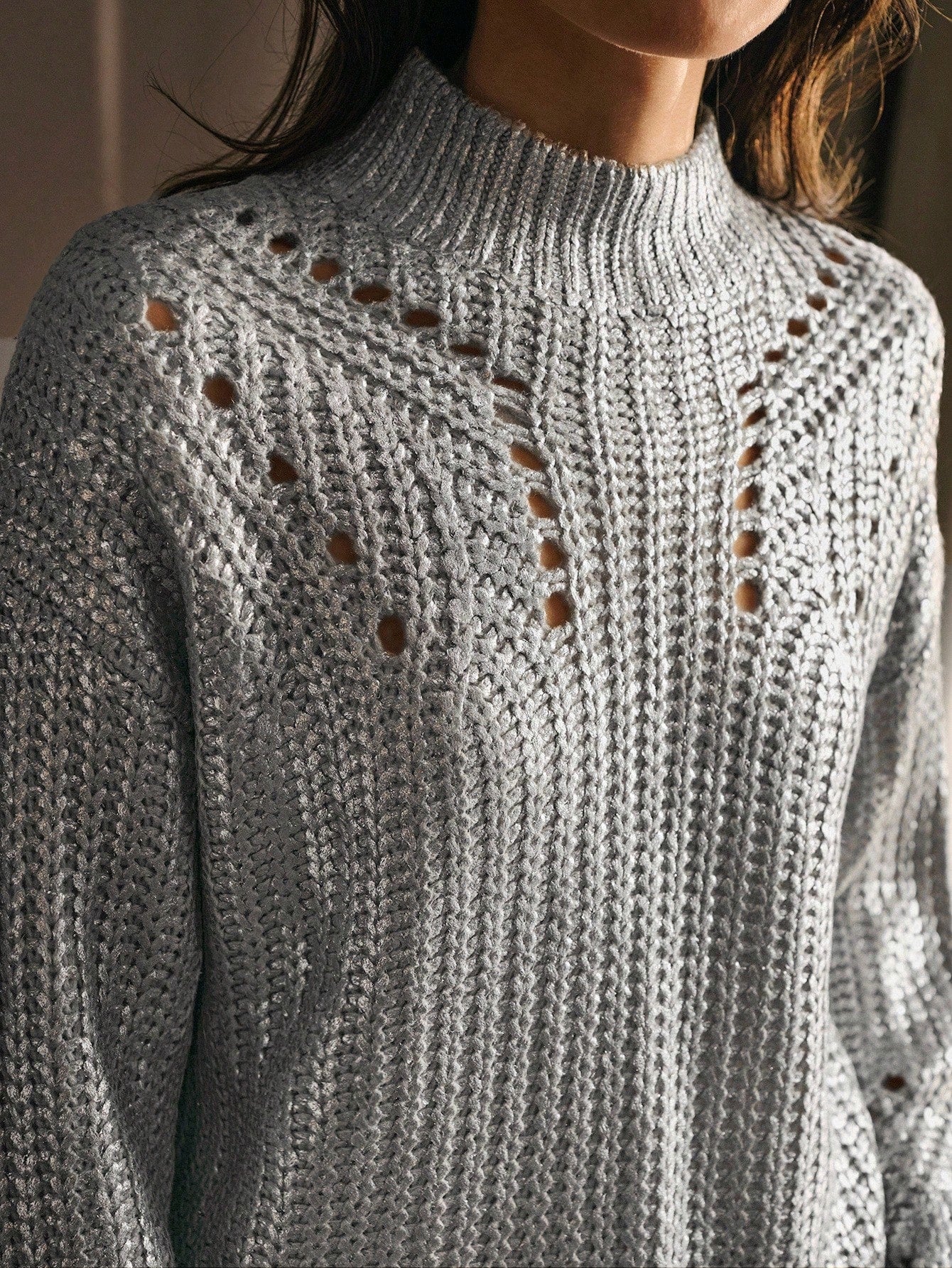 CM-CS889681 Women Elegant Seoul Style Stand Collar Long Sleeve Hollow Out Pullover Sweater - Gray