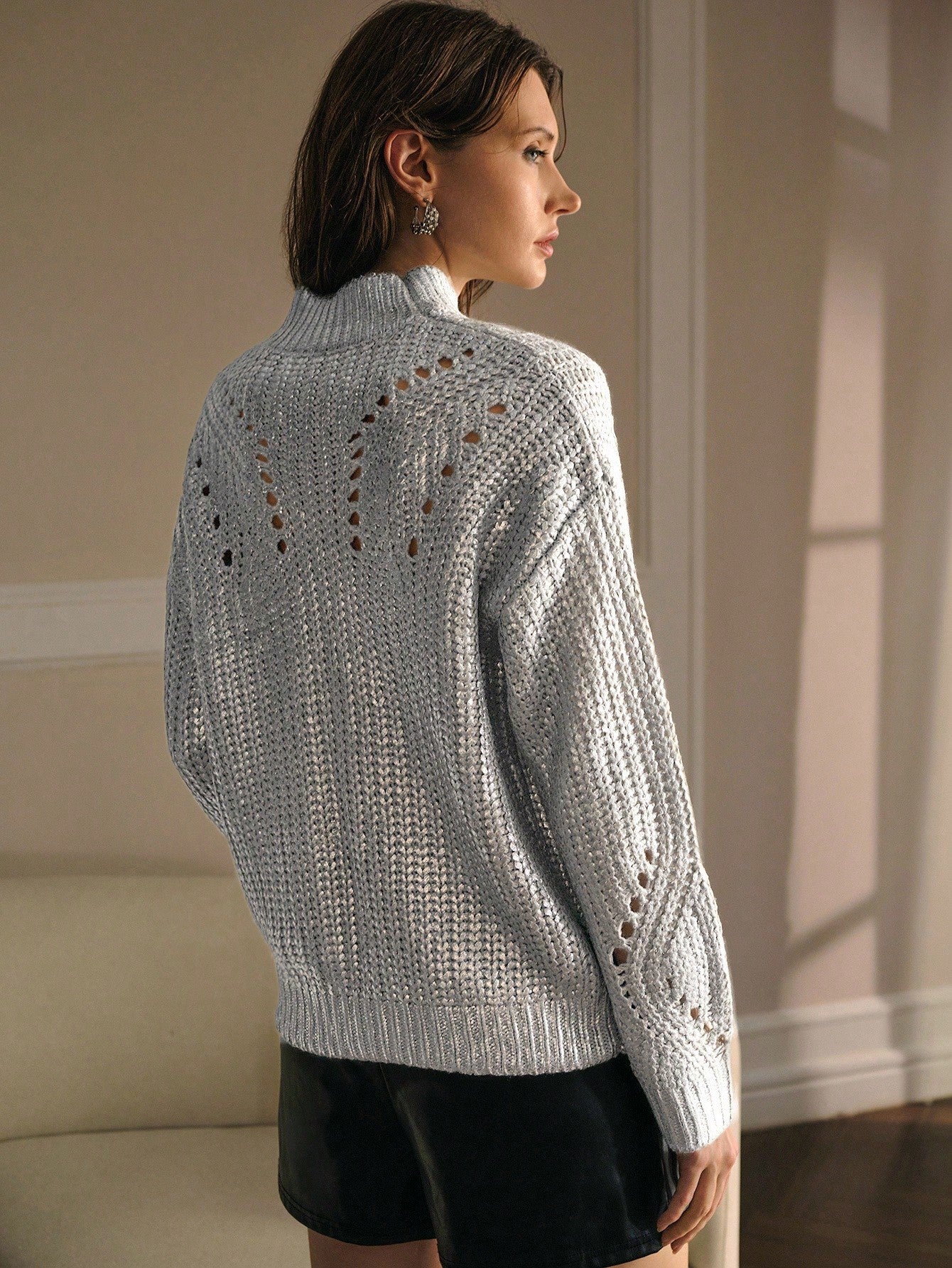 CM-CS889681 Women Elegant Seoul Style Stand Collar Long Sleeve Hollow Out Pullover Sweater - Gray