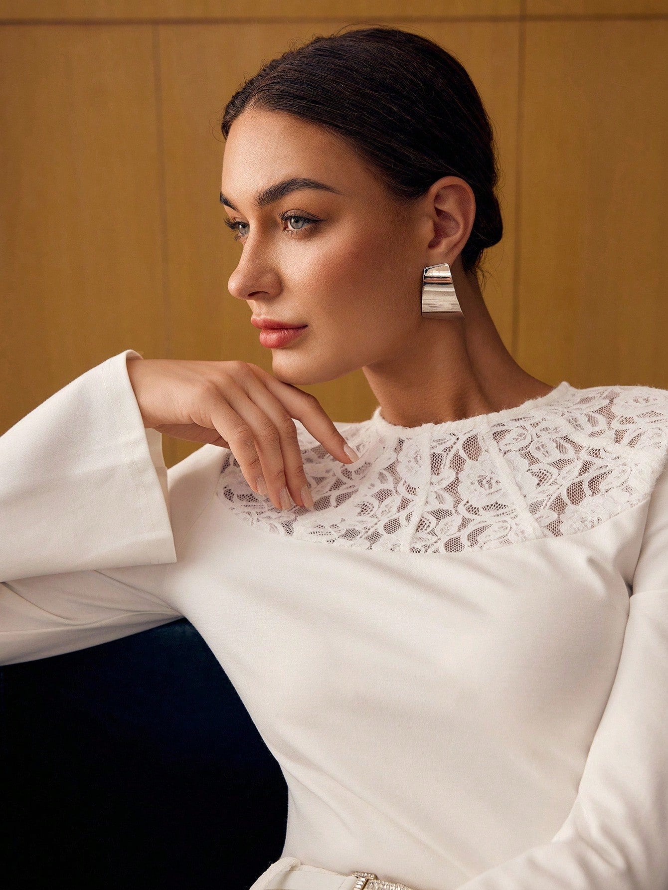 CM-TS748905 Women Casual Seoul Style Round Neck Long Sleeve Contrast Lace Slim Fit T-Shirt - White