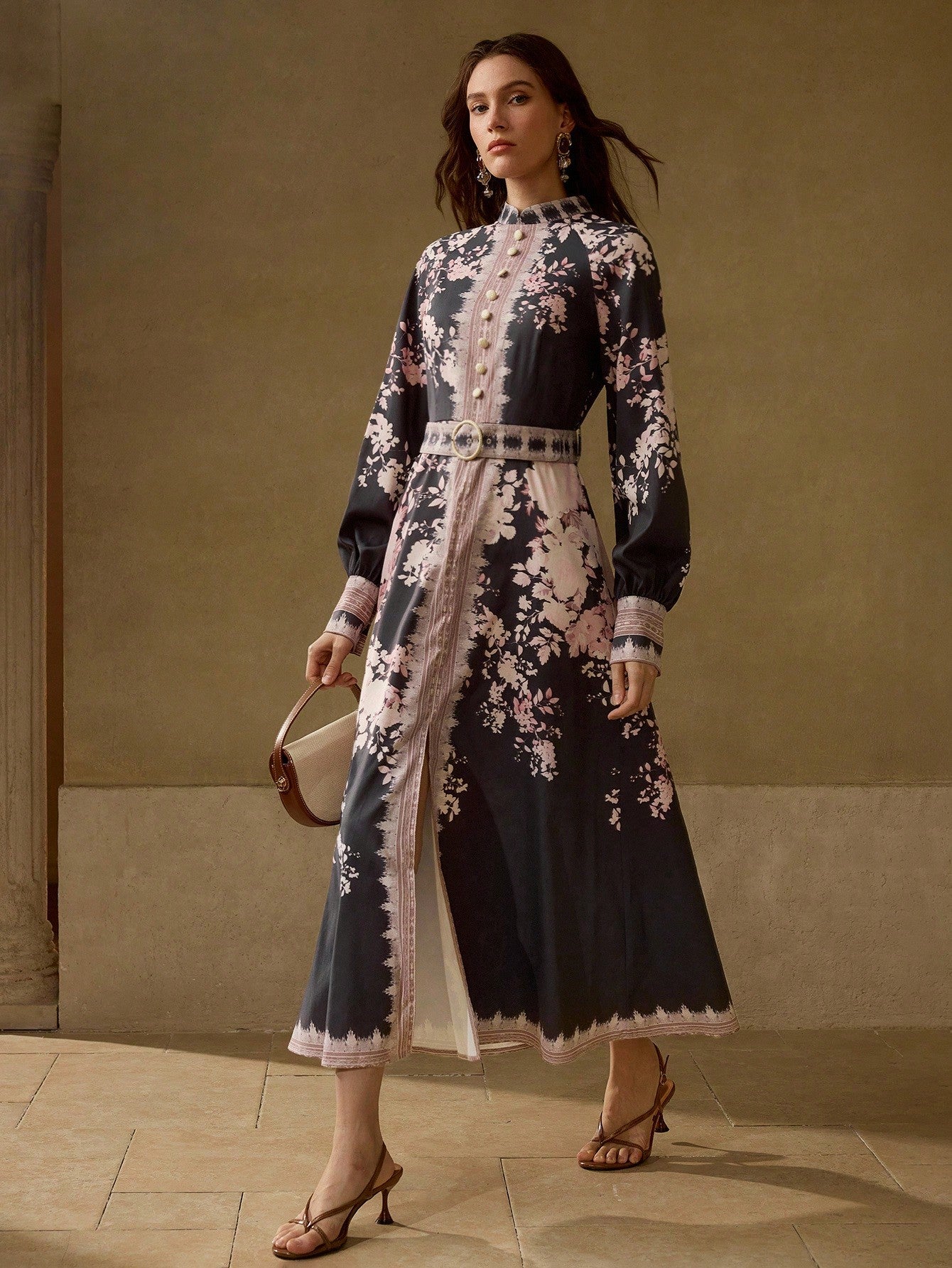 CM-DS618168 Women Elegant Seoul Style Floral Print Mock Neck Lantern Sleeve Buckle Belted Long Dress