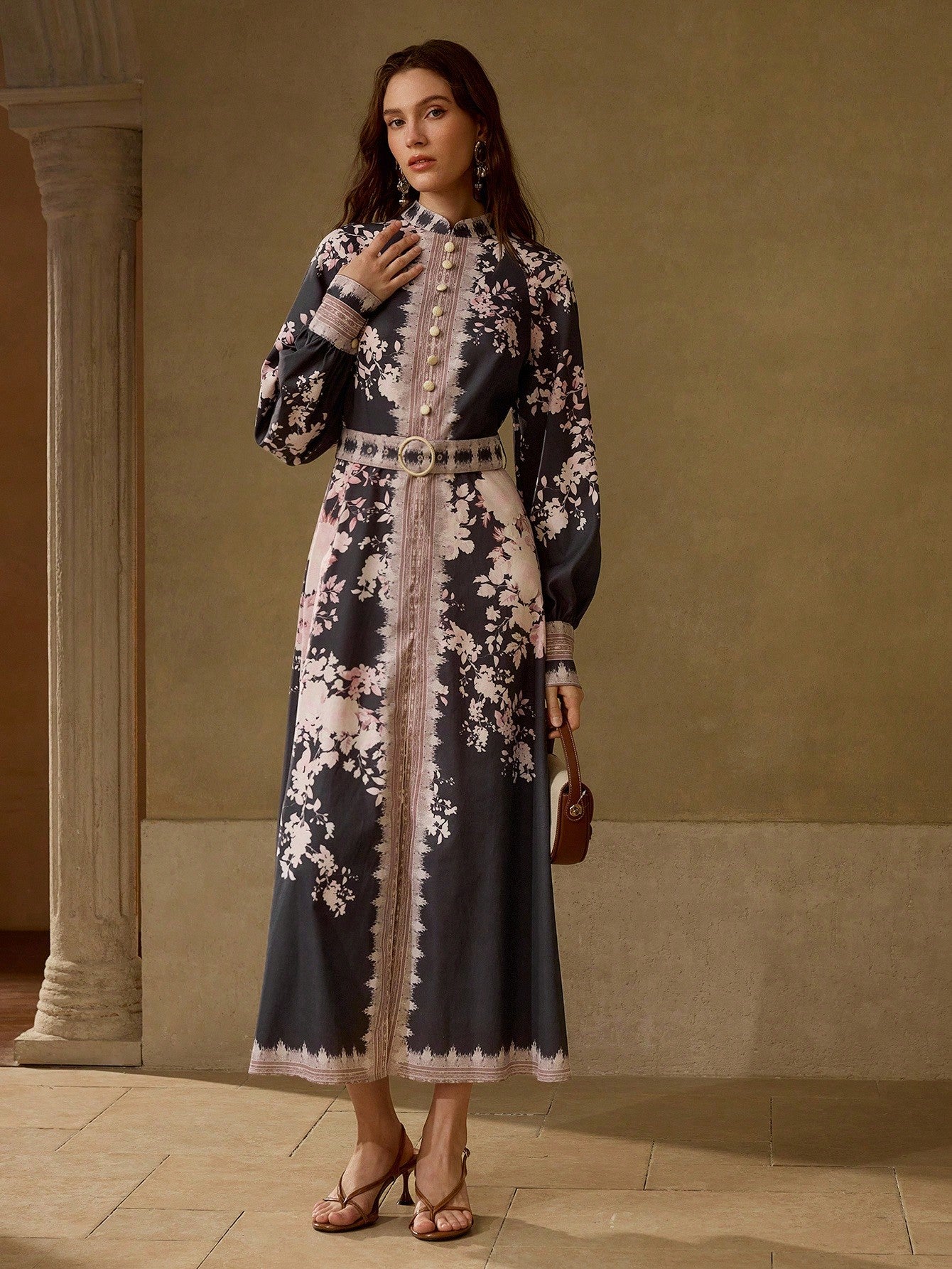 CM-DS618168 Women Elegant Seoul Style Floral Print Mock Neck Lantern Sleeve Buckle Belted Long Dress
