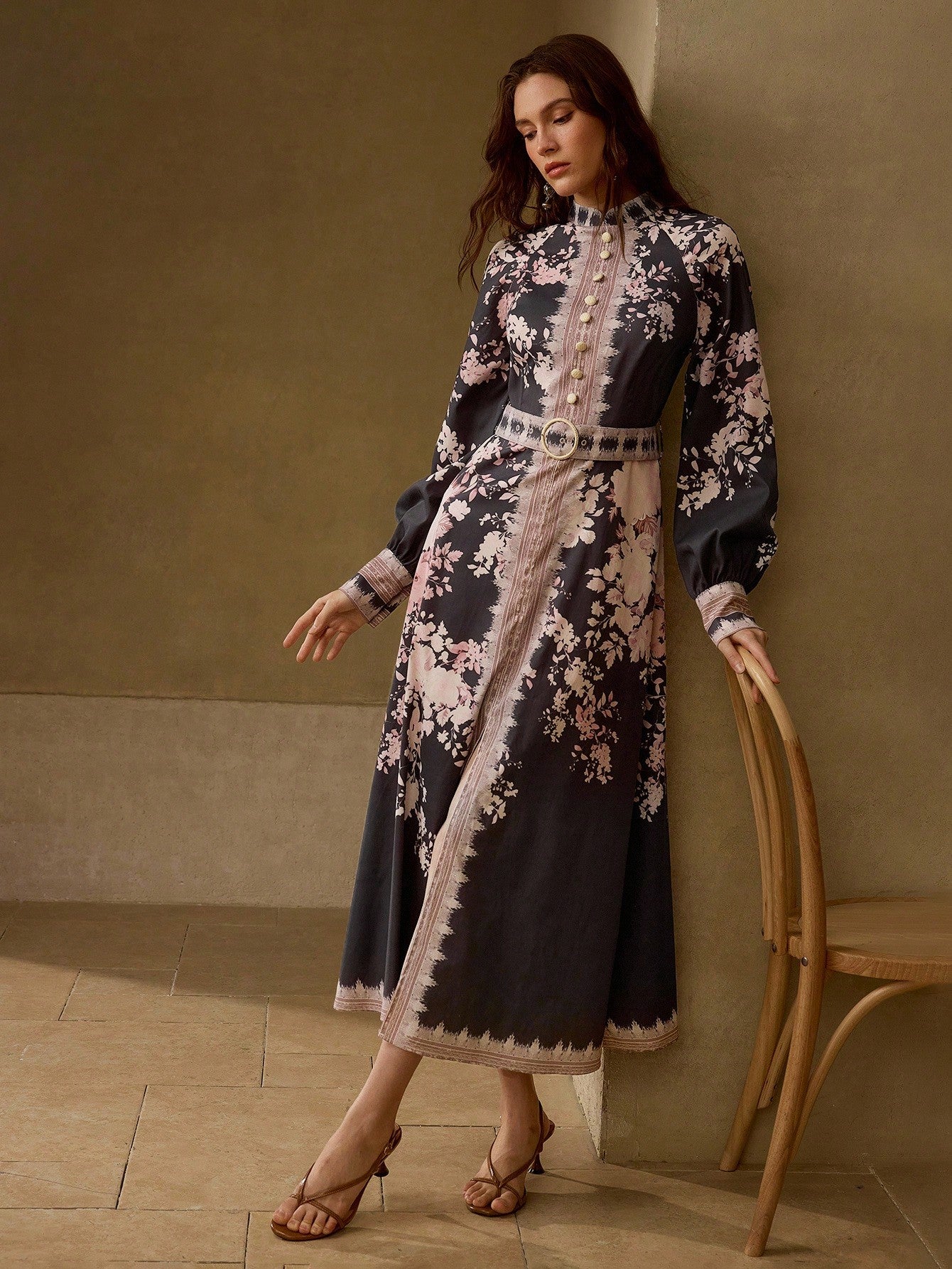 CM-DS618168 Women Elegant Seoul Style Floral Print Mock Neck Lantern Sleeve Buckle Belted Long Dress