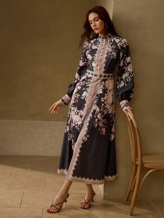CM-DS618168 Women Elegant Seoul Style Floral Print Mock Neck Lantern Sleeve Buckle Belted Long Dress