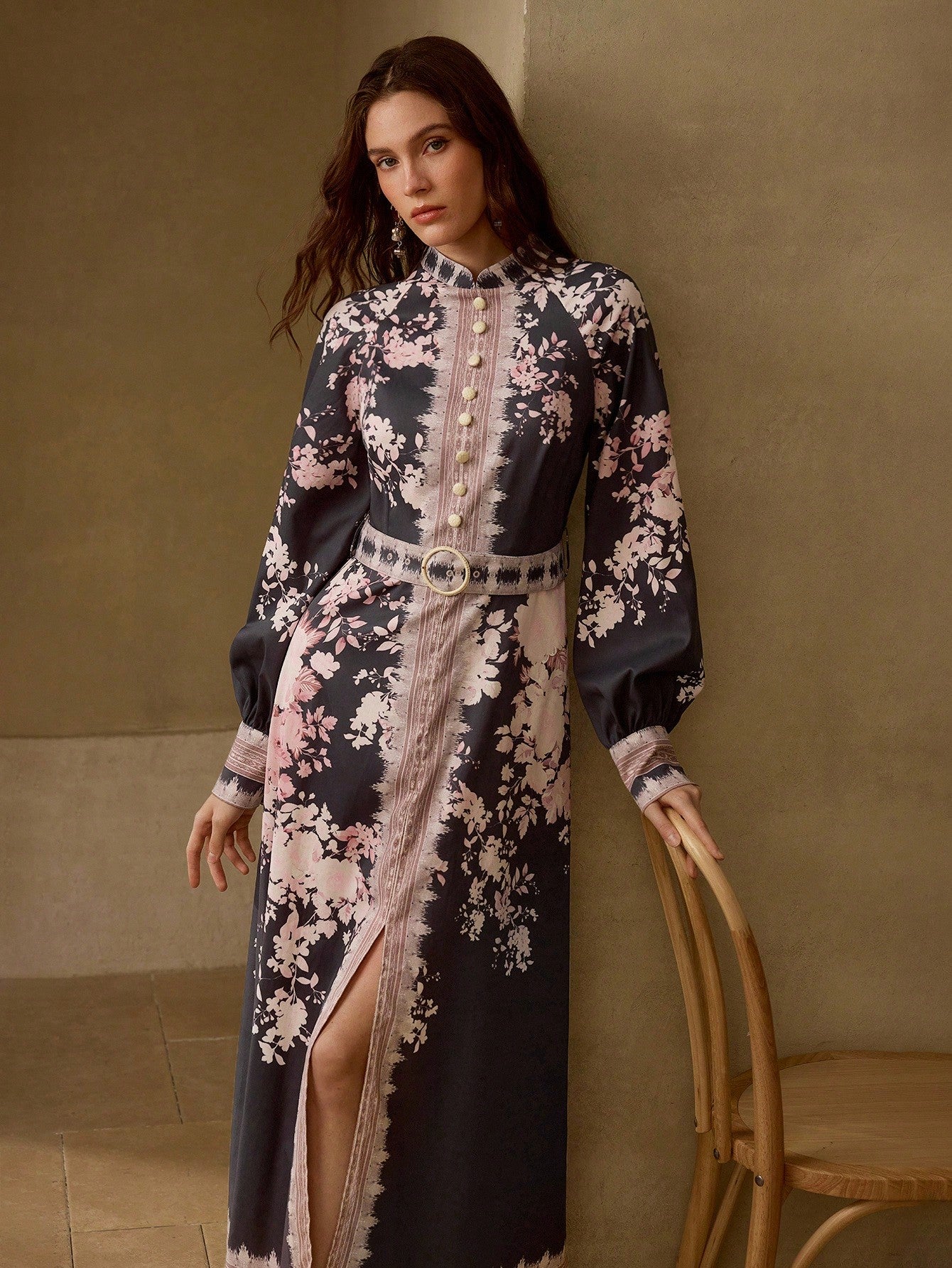CM-DS618168 Women Elegant Seoul Style Floral Print Mock Neck Lantern Sleeve Buckle Belted Long Dress