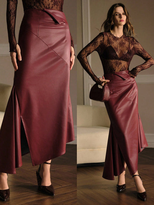 CM-BS644424 Women Elegant Seoul Style PU Leather Asymmetrical Mermaid Midi Skirt - Red