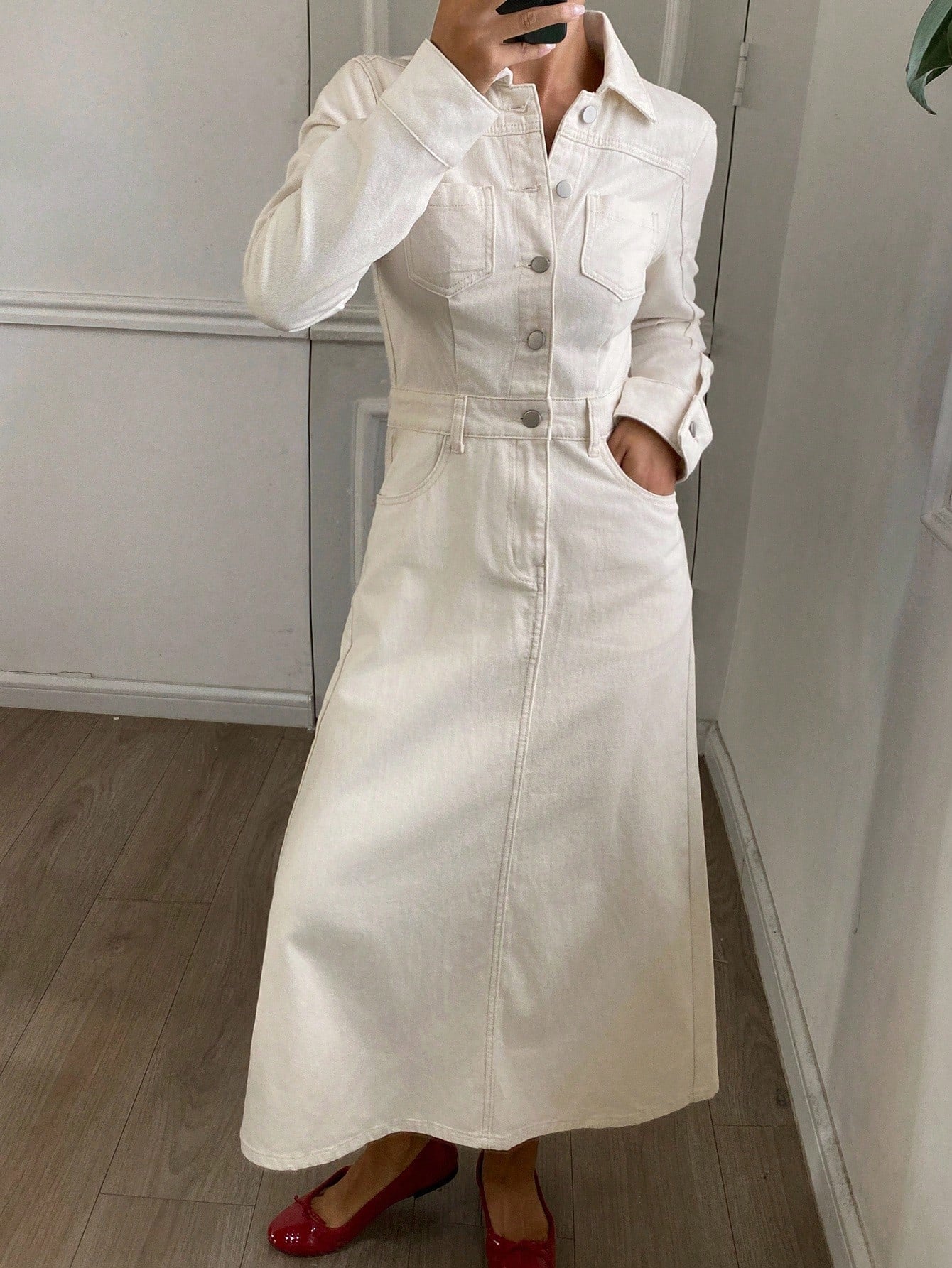 CM-DS821190 Women Casual Seoul Style Solid Color Collar Neckline Long Sleeve Pocket Denim Dress - Beige