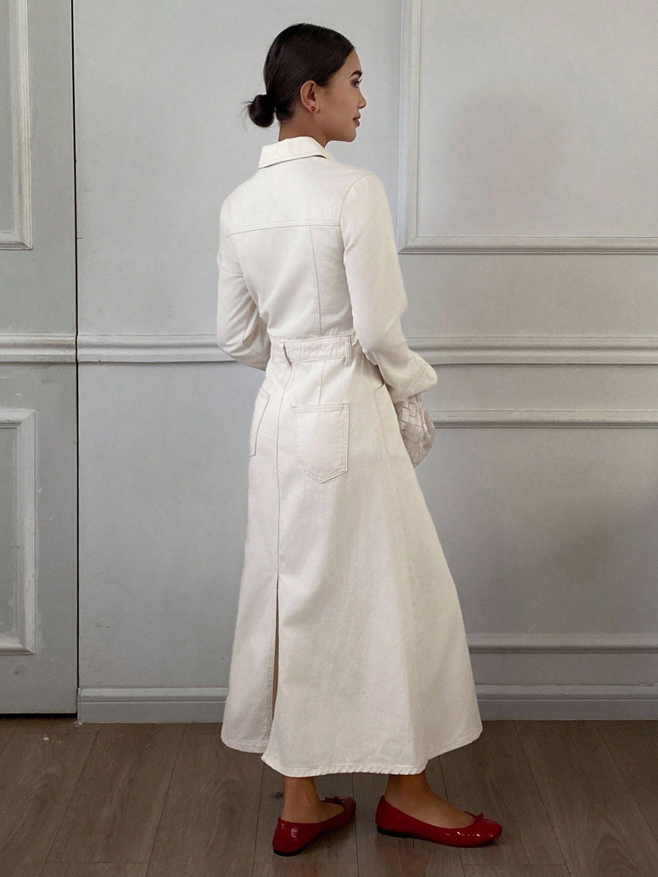 CM-DS821190 Women Casual Seoul Style Solid Color Collar Neckline Long Sleeve Pocket Denim Dress - Beige