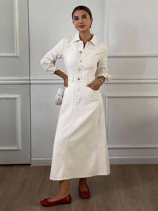 CM-DS821190 Women Casual Seoul Style Solid Color Collar Neckline Long Sleeve Pocket Denim Dress - Beige