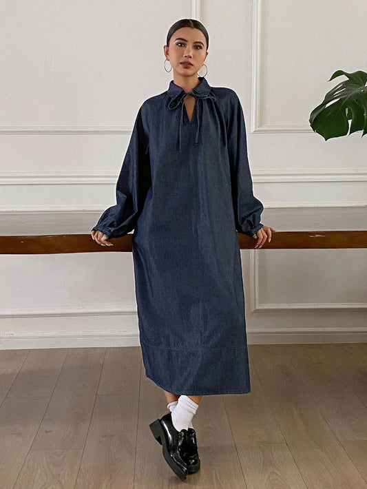 CM-DS526574 Women Casual Seoul Style Dark Wash Drawstring Collar Long Sleeve Mid Waist Denim Shirt Dress