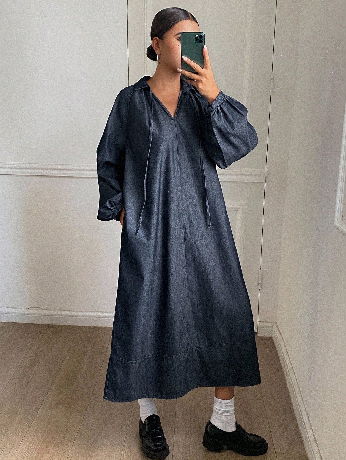 CM-DS526574 Women Casual Seoul Style Dark Wash Drawstring Collar Long Sleeve Mid Waist Denim Shirt Dress