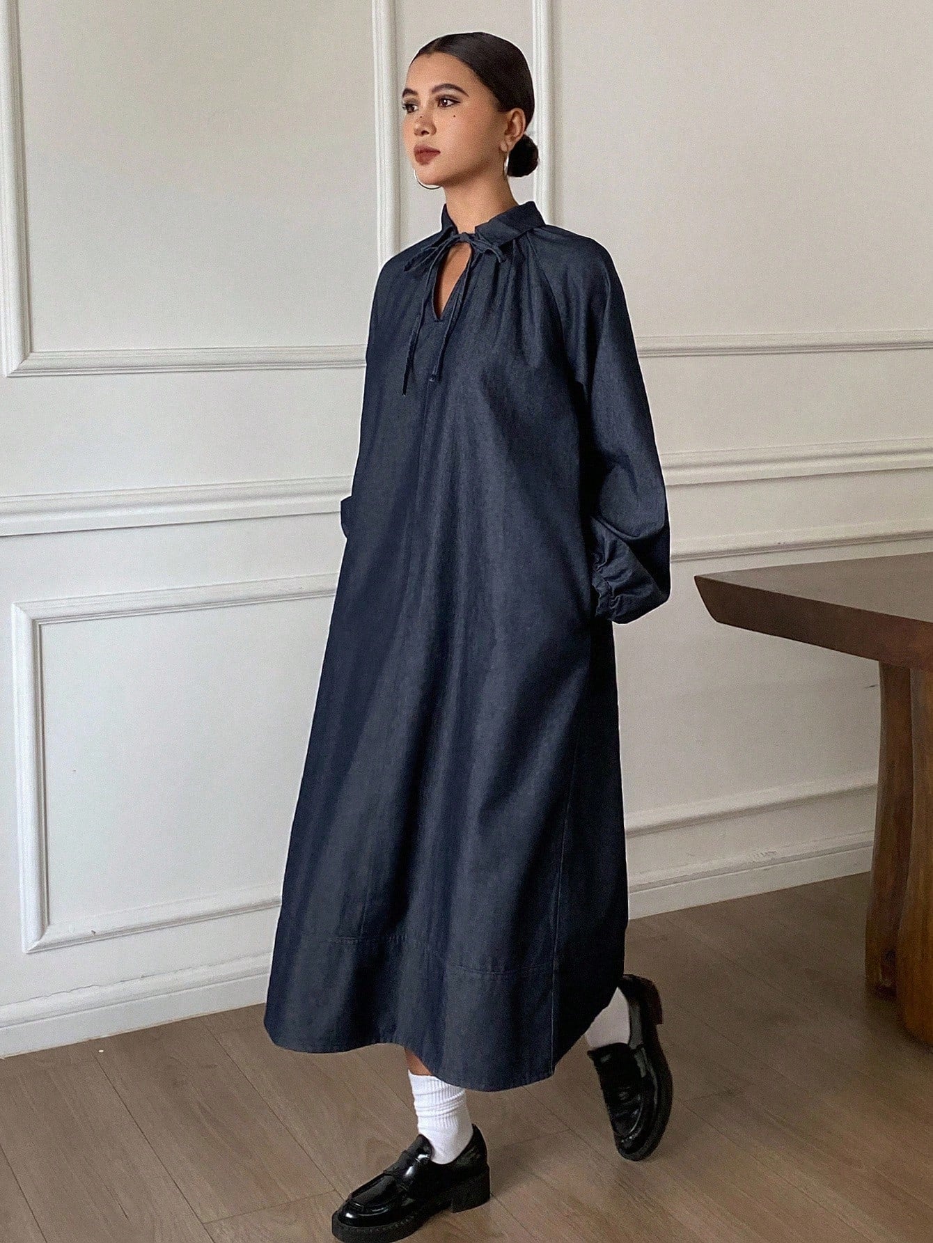 CM-DS526574 Women Casual Seoul Style Dark Wash Drawstring Collar Long Sleeve Mid Waist Denim Shirt Dress