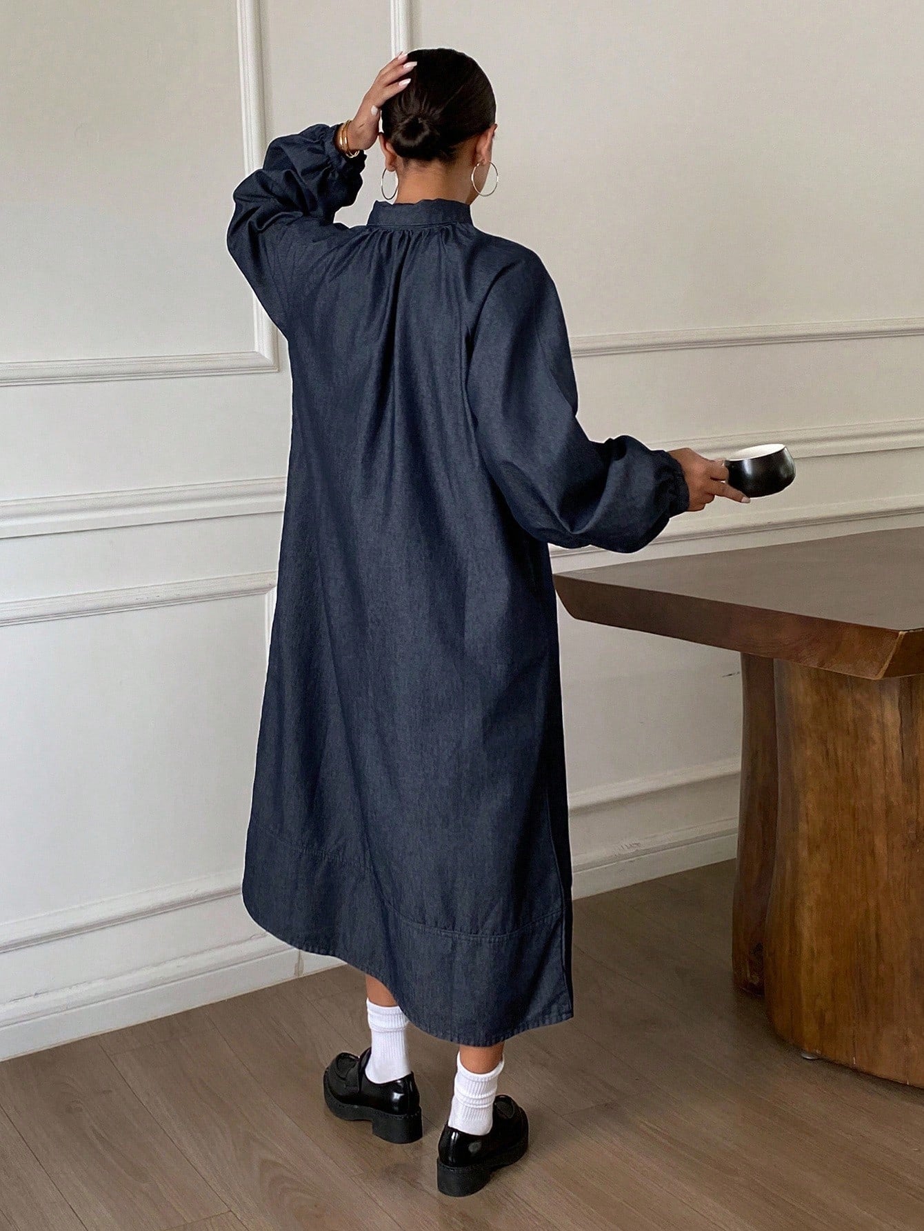 CM-DS526574 Women Casual Seoul Style Dark Wash Drawstring Collar Long Sleeve Mid Waist Denim Shirt Dress