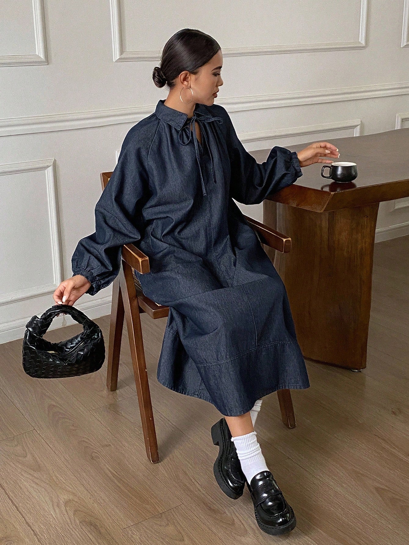 CM-DS526574 Women Casual Seoul Style Dark Wash Drawstring Collar Long Sleeve Mid Waist Denim Shirt Dress