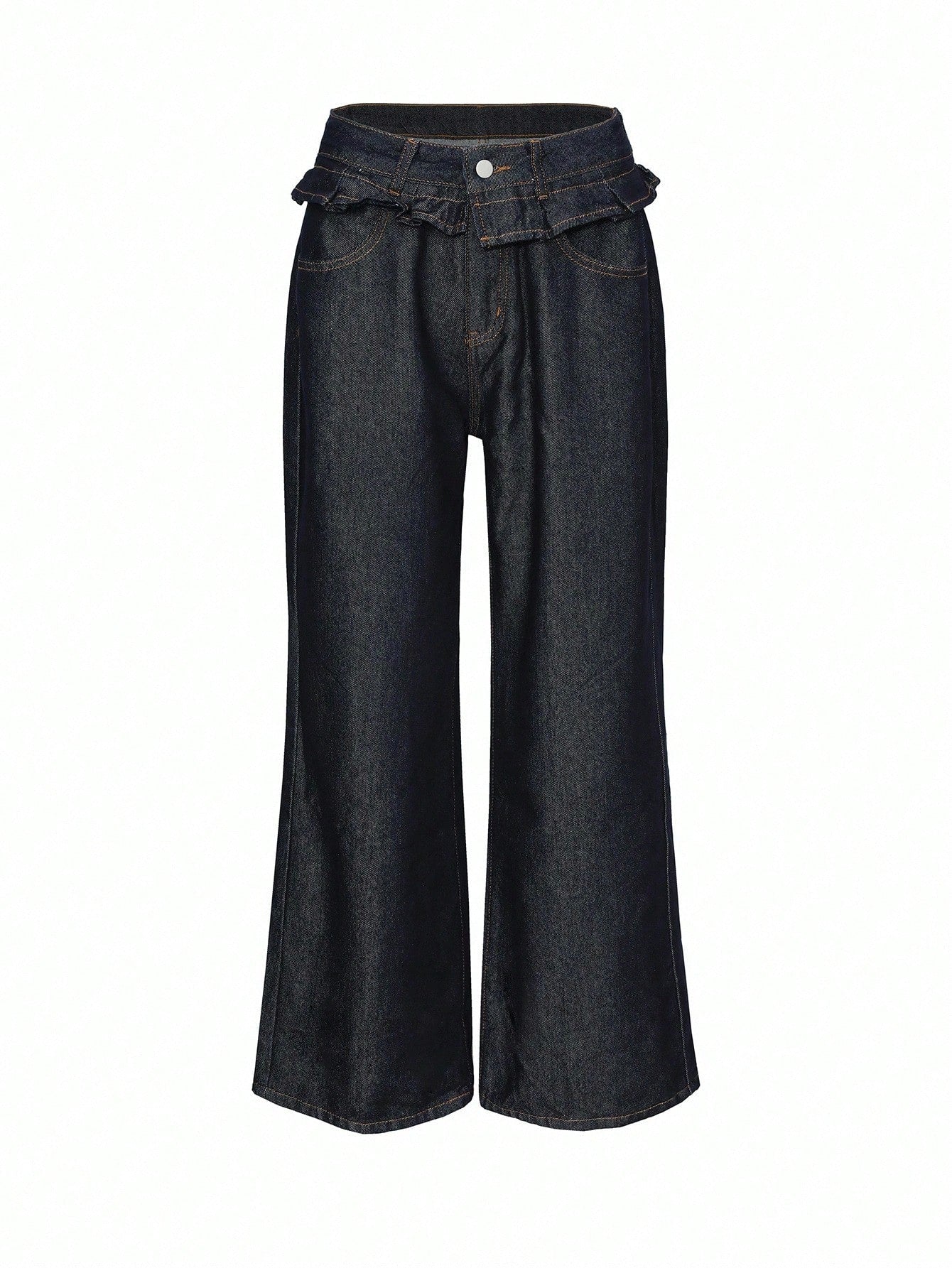 CM-BS445832 Women Casual Seoul Style Dark Wash Splice Ruffle Hem 2 In 1 Drawstring Loose Long Jeans