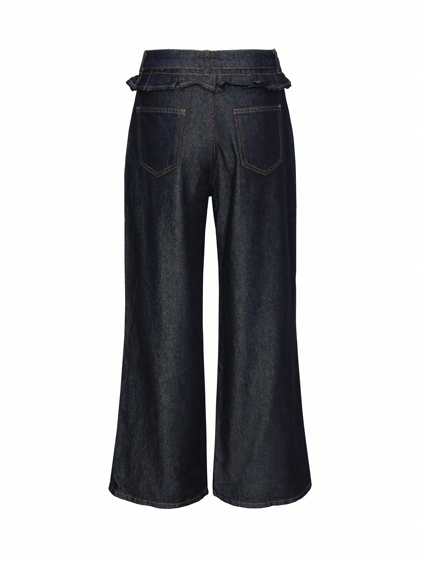 CM-BS445832 Women Casual Seoul Style Dark Wash Splice Ruffle Hem 2 In 1 Drawstring Loose Long Jeans