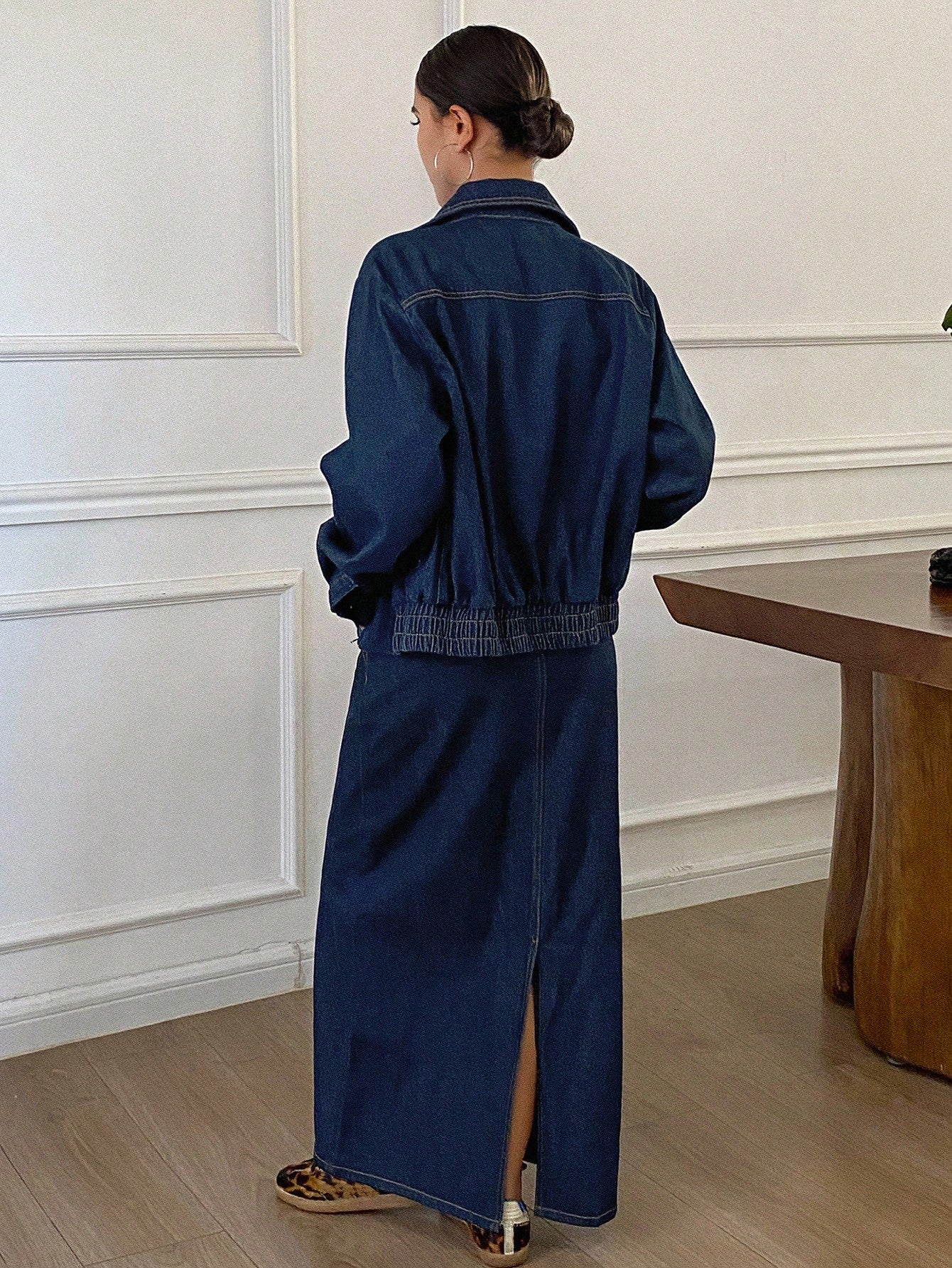 CM-SS900444 Women Casual Seoul Style Collar Neckline Long Sleeve Hem Drawstring Loose Denim Jacket With Maxi Skirt - Set
