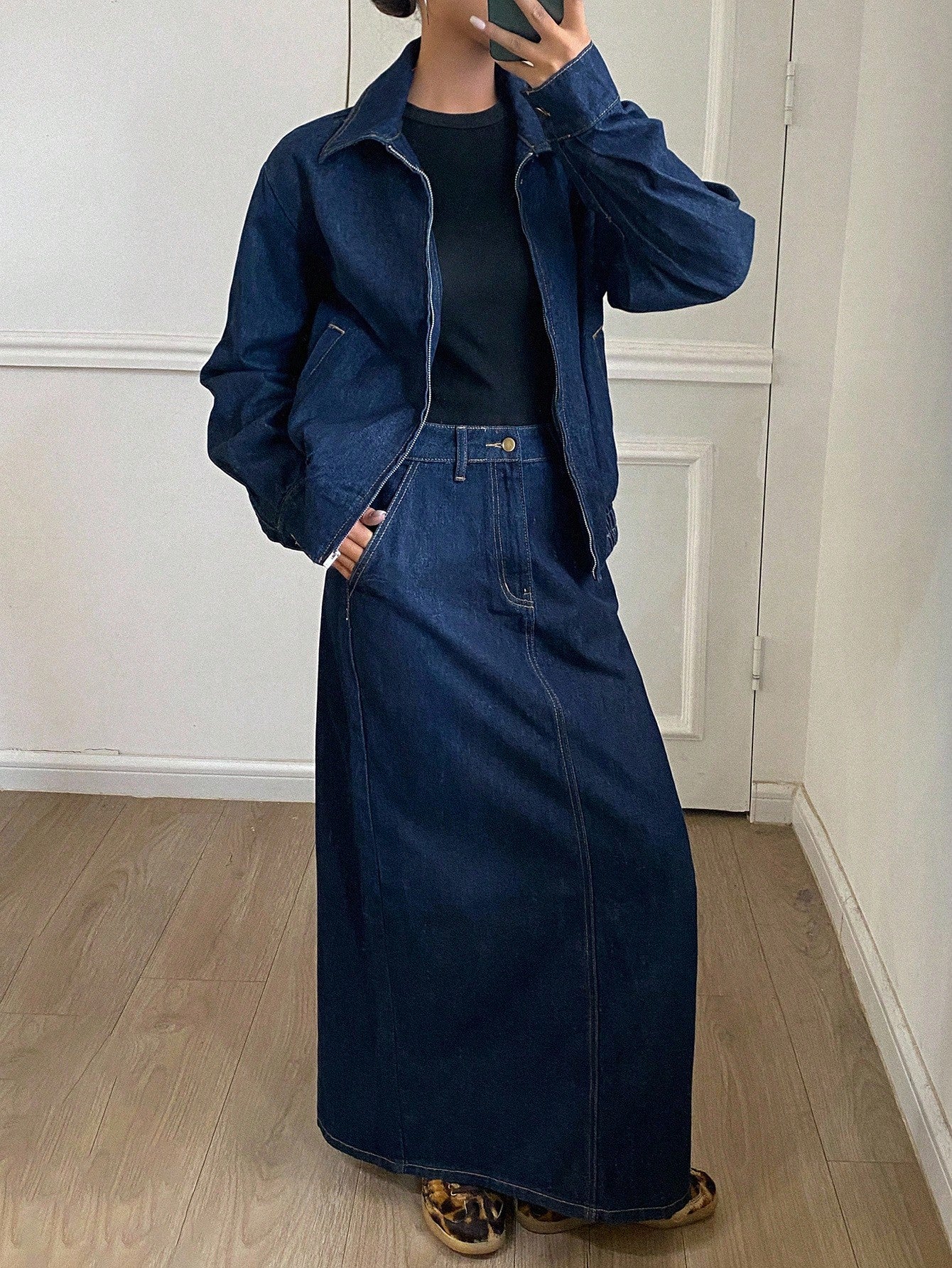 CM-SS900444 Women Casual Seoul Style Collar Neckline Long Sleeve Hem Drawstring Loose Denim Jacket With Maxi Skirt - Set