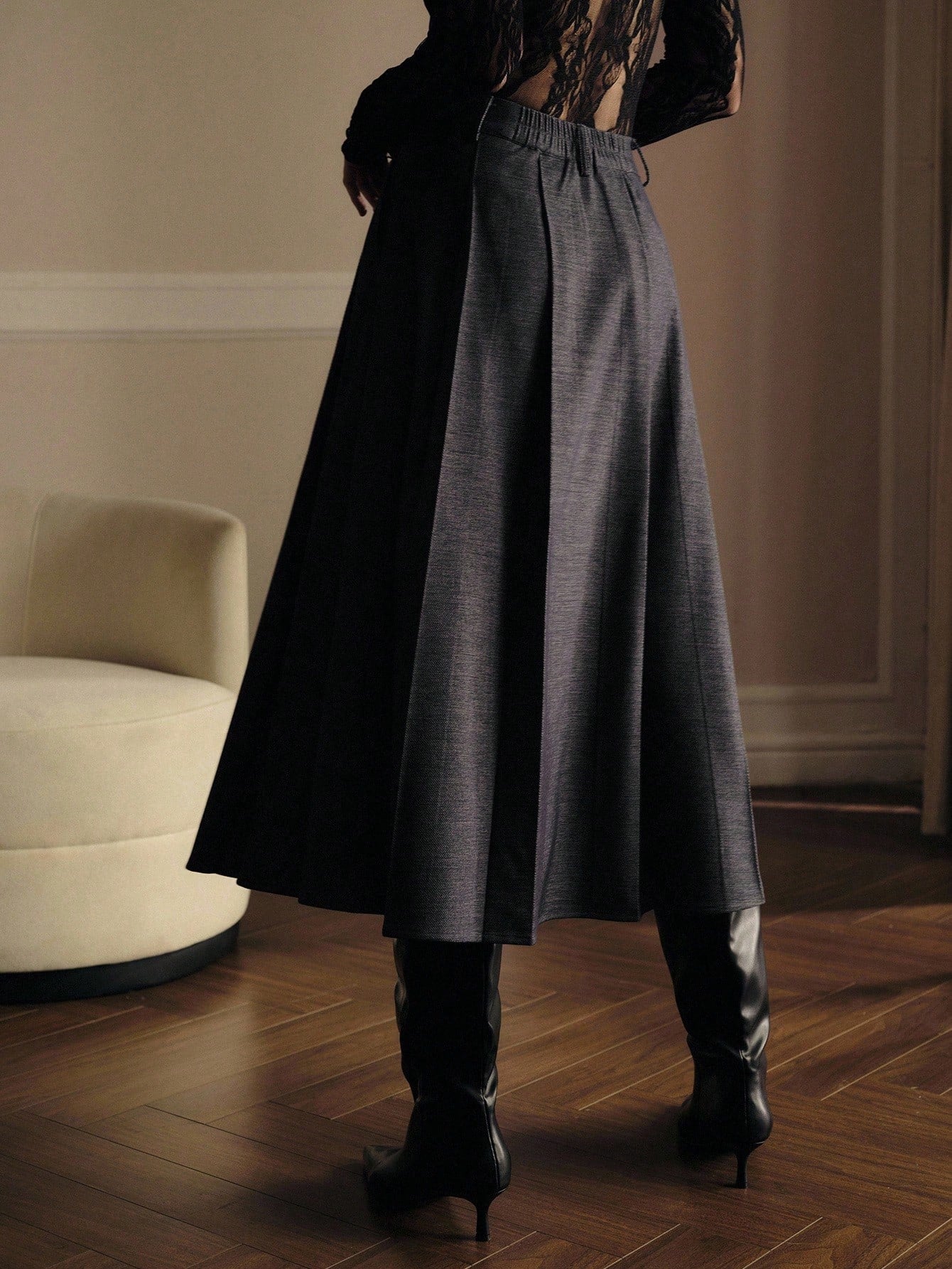 CM-BS025560 Women Elegant Seoul Style Mid Waist Fold Pleated A-Line Midi Skirt - Gray
