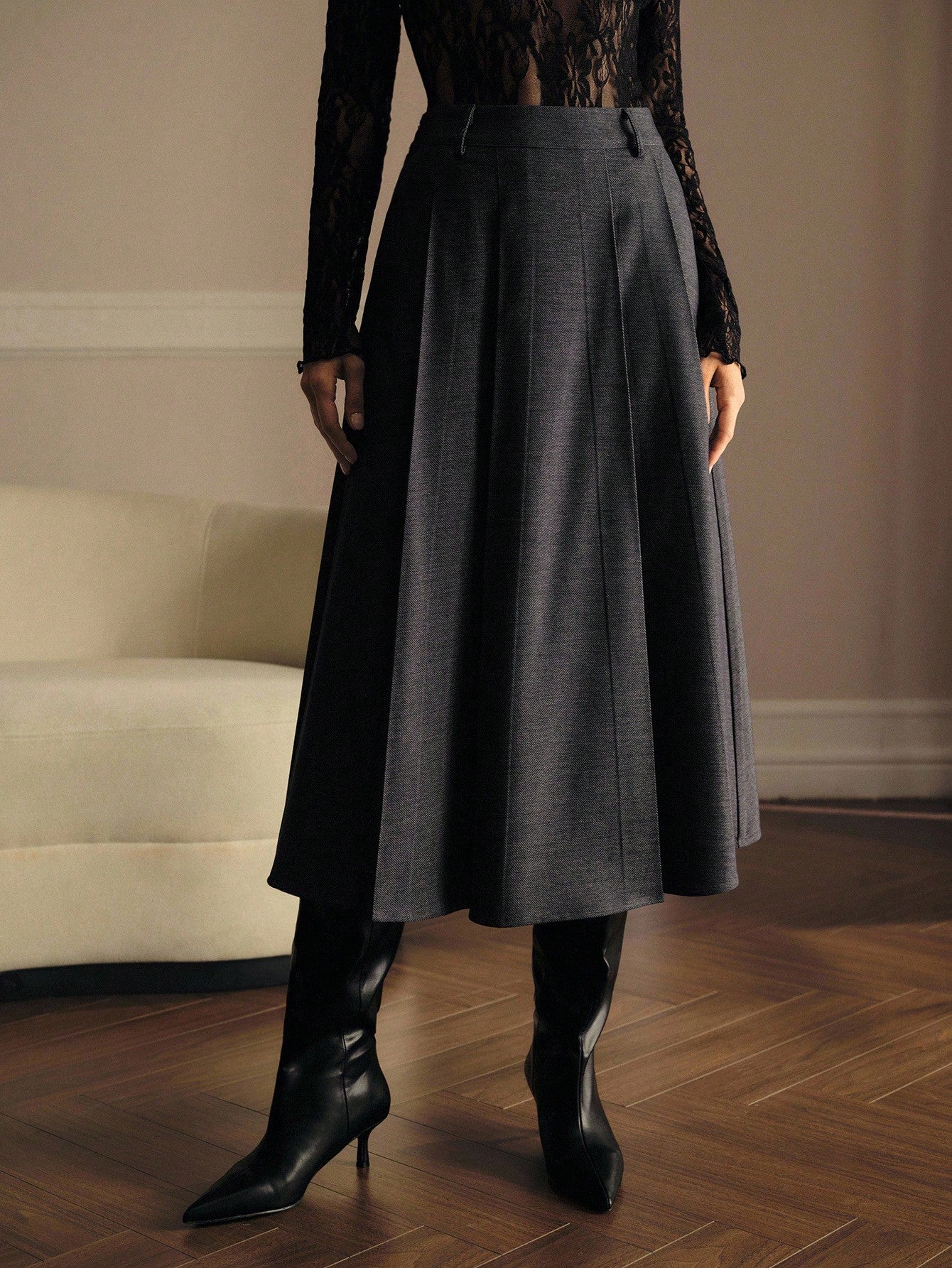 CM-BS025560 Women Elegant Seoul Style Mid Waist Fold Pleated A-Line Midi Skirt - Gray