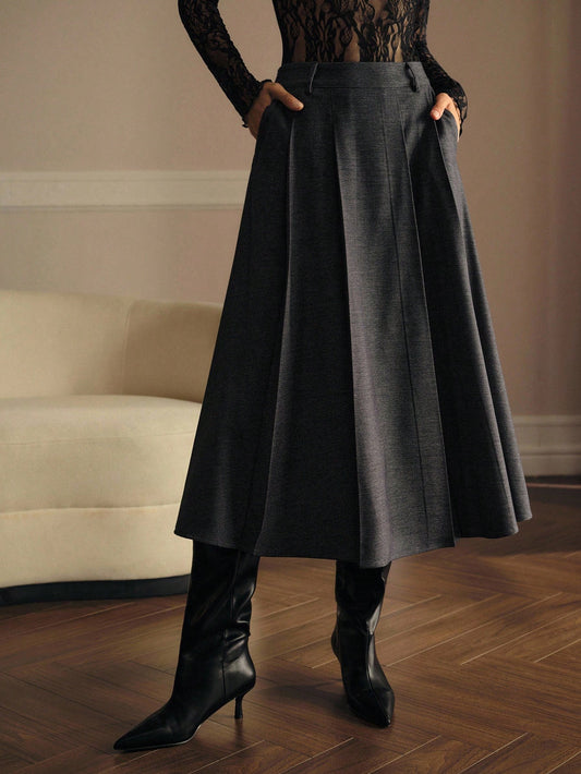CM-BS025560 Women Elegant Seoul Style Mid Waist Fold Pleated A-Line Midi Skirt - Gray