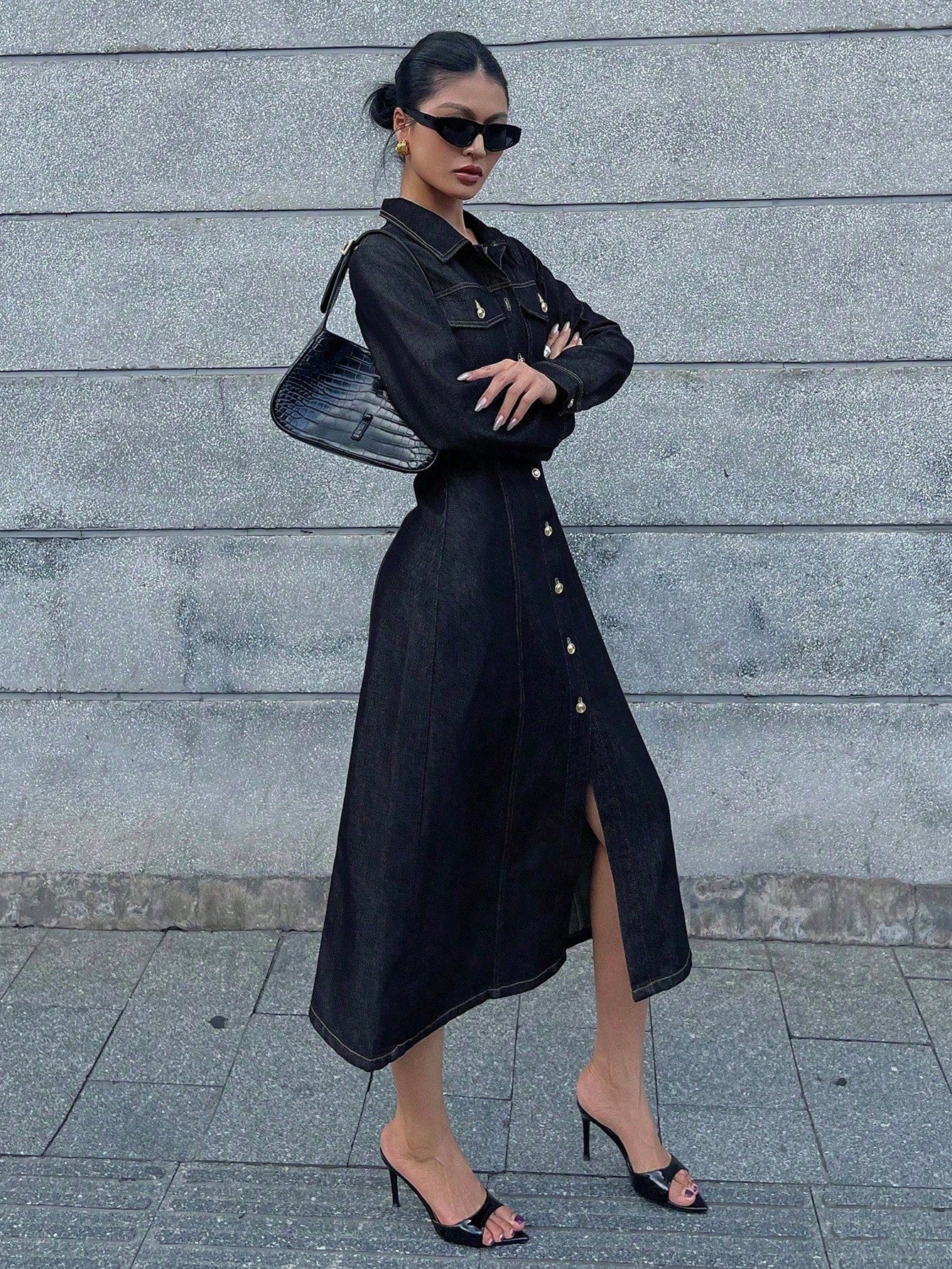 CM-DS784908 Women Casual Seoul Style Collar Neckline Long Sleeve High Waist Denim Dress - Navy Blue
