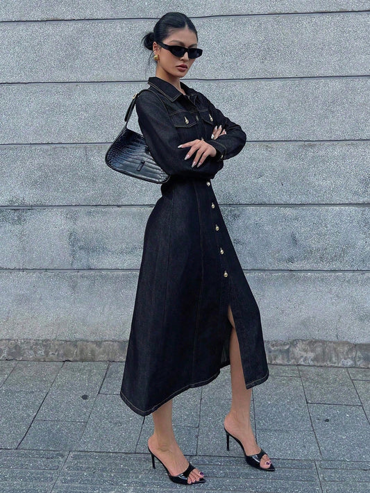 CM-DS784908 Women Casual Seoul Style Collar Neckline Long Sleeve High Waist Denim Dress - Navy Blue