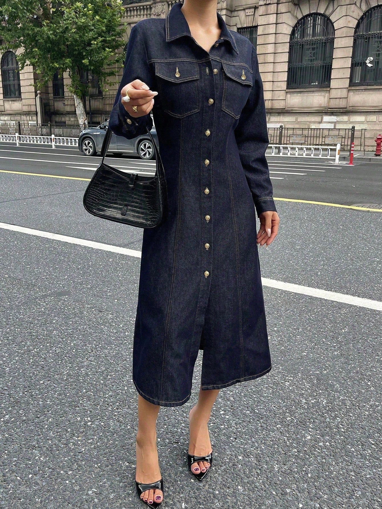 CM-DS784908 Women Casual Seoul Style Collar Neckline Long Sleeve High Waist Denim Dress - Navy Blue