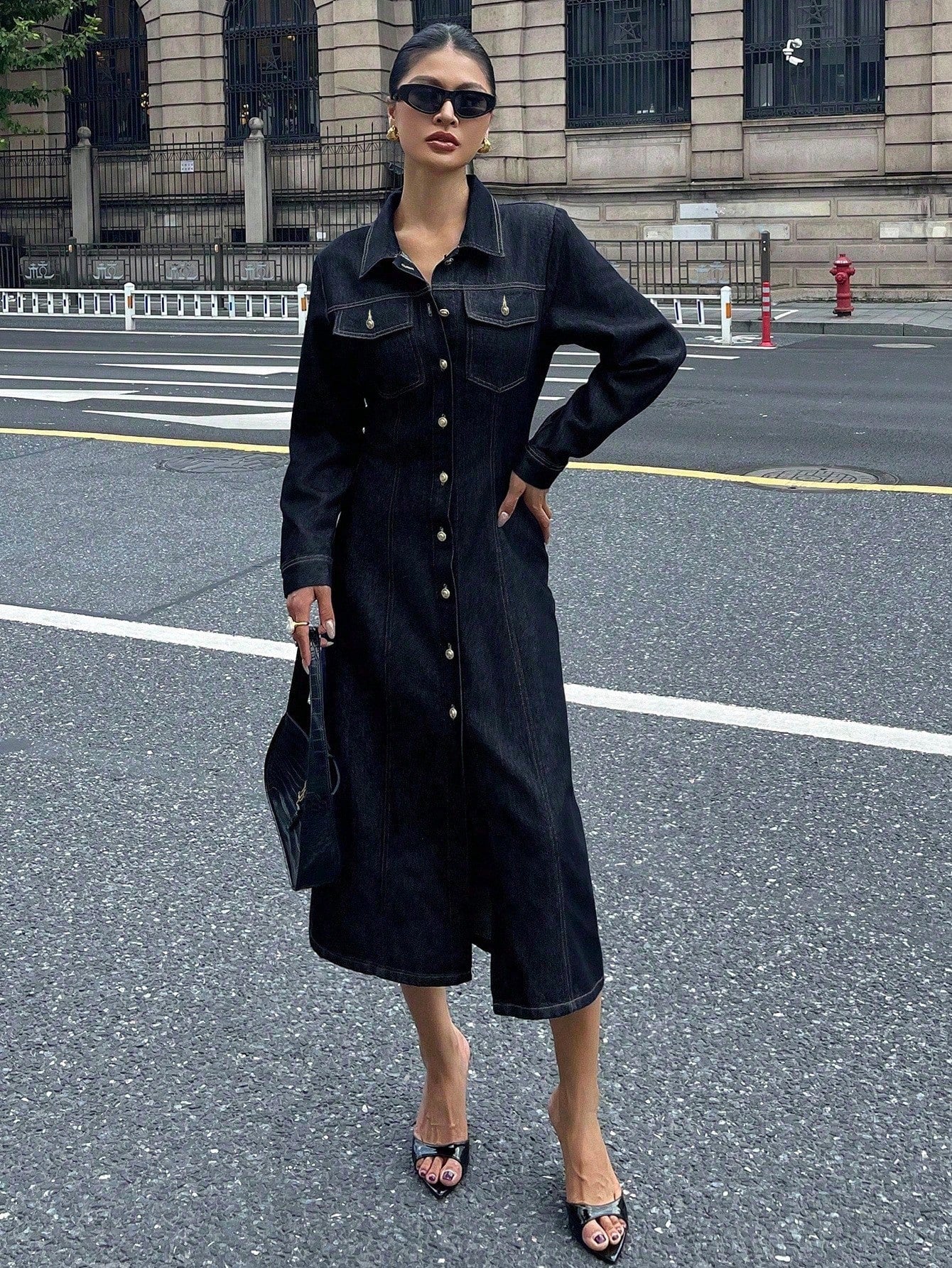 CM-DS784908 Women Casual Seoul Style Collar Neckline Long Sleeve High Waist Denim Dress - Navy Blue