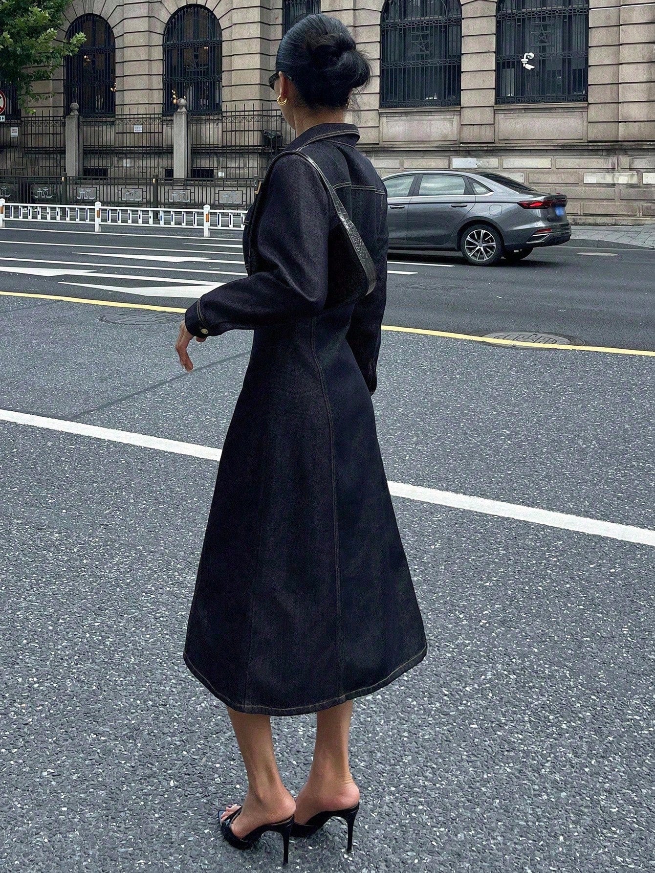 CM-DS784908 Women Casual Seoul Style Collar Neckline Long Sleeve High Waist Denim Dress - Navy Blue