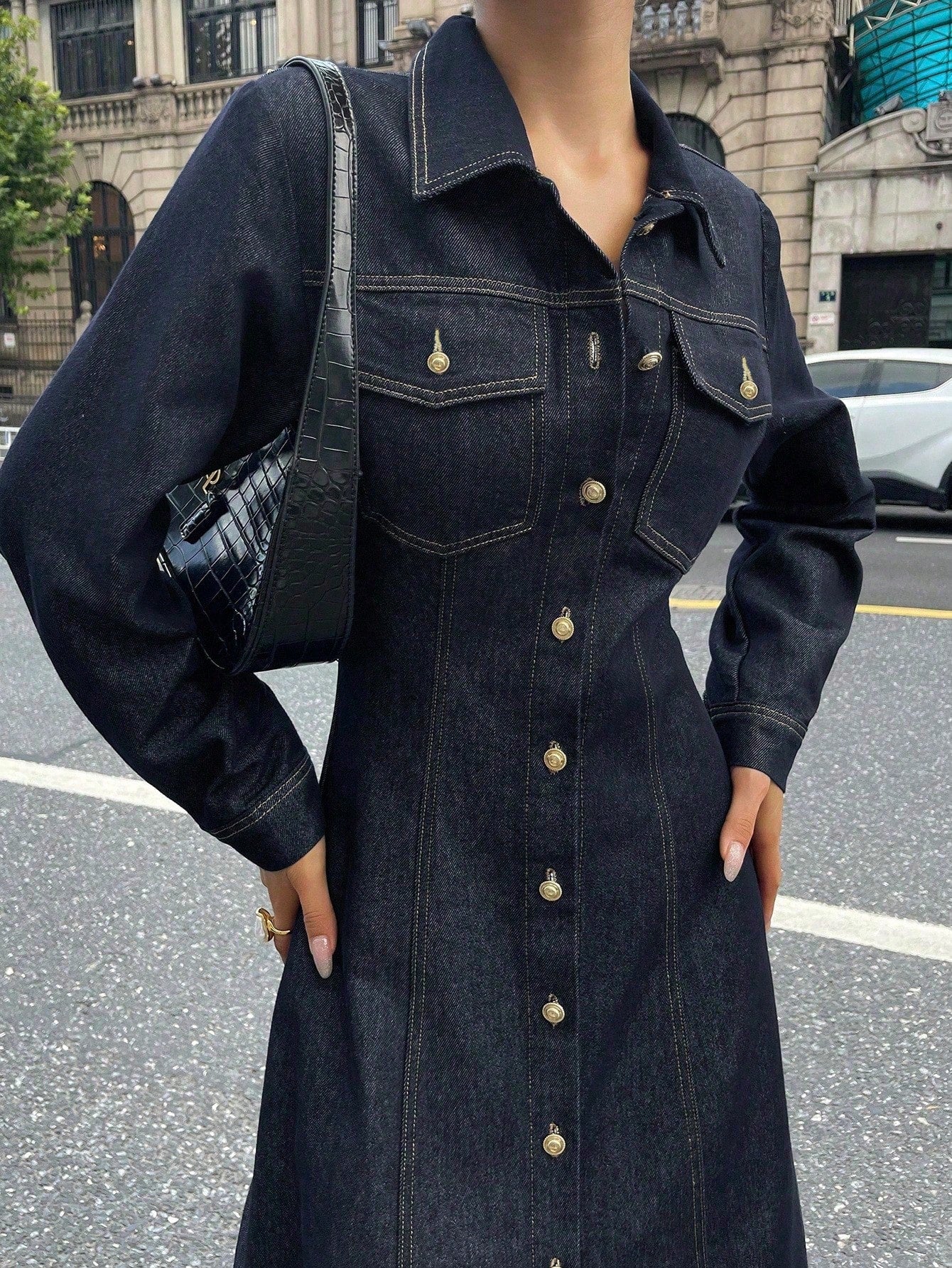 CM-DS784908 Women Casual Seoul Style Collar Neckline Long Sleeve High Waist Denim Dress - Navy Blue