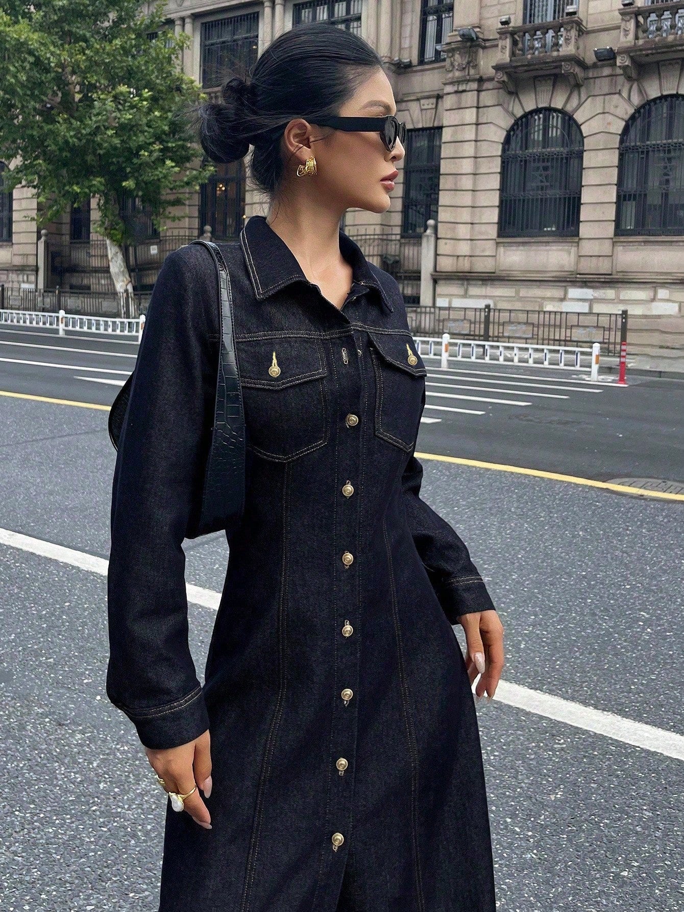 CM-DS784908 Women Casual Seoul Style Collar Neckline Long Sleeve High Waist Denim Dress - Navy Blue
