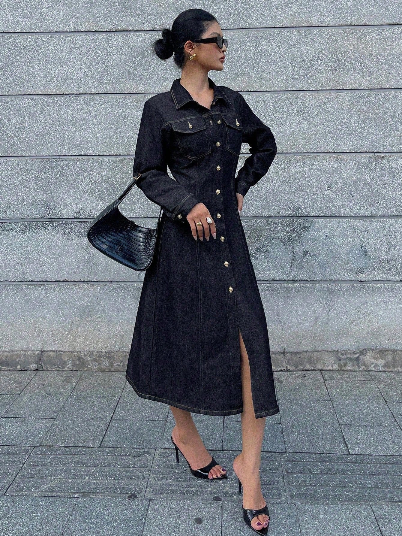 CM-DS784908 Women Casual Seoul Style Collar Neckline Long Sleeve High Waist Denim Dress - Navy Blue