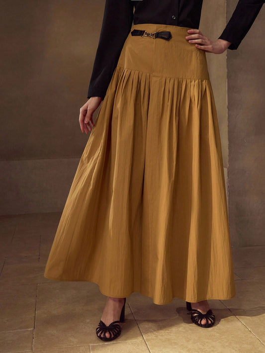 CM-BS309203 Women Elegant Seoul Style Mid Waist Buckle Button Front Flared Skirt - Yellow