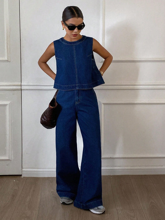 CM-SS218238 Women Casual Seoul Style Round Neck Sleeveless Loose Denim Camisole With Long Pants - Set