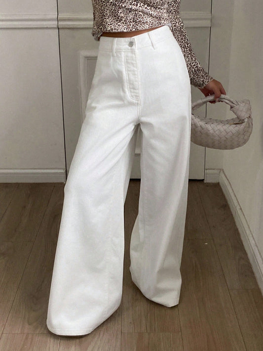CM-BS822330 Women Casual Seoul Style Solid Color Mid Waist Baggy Wide Leg Button Jeans - White